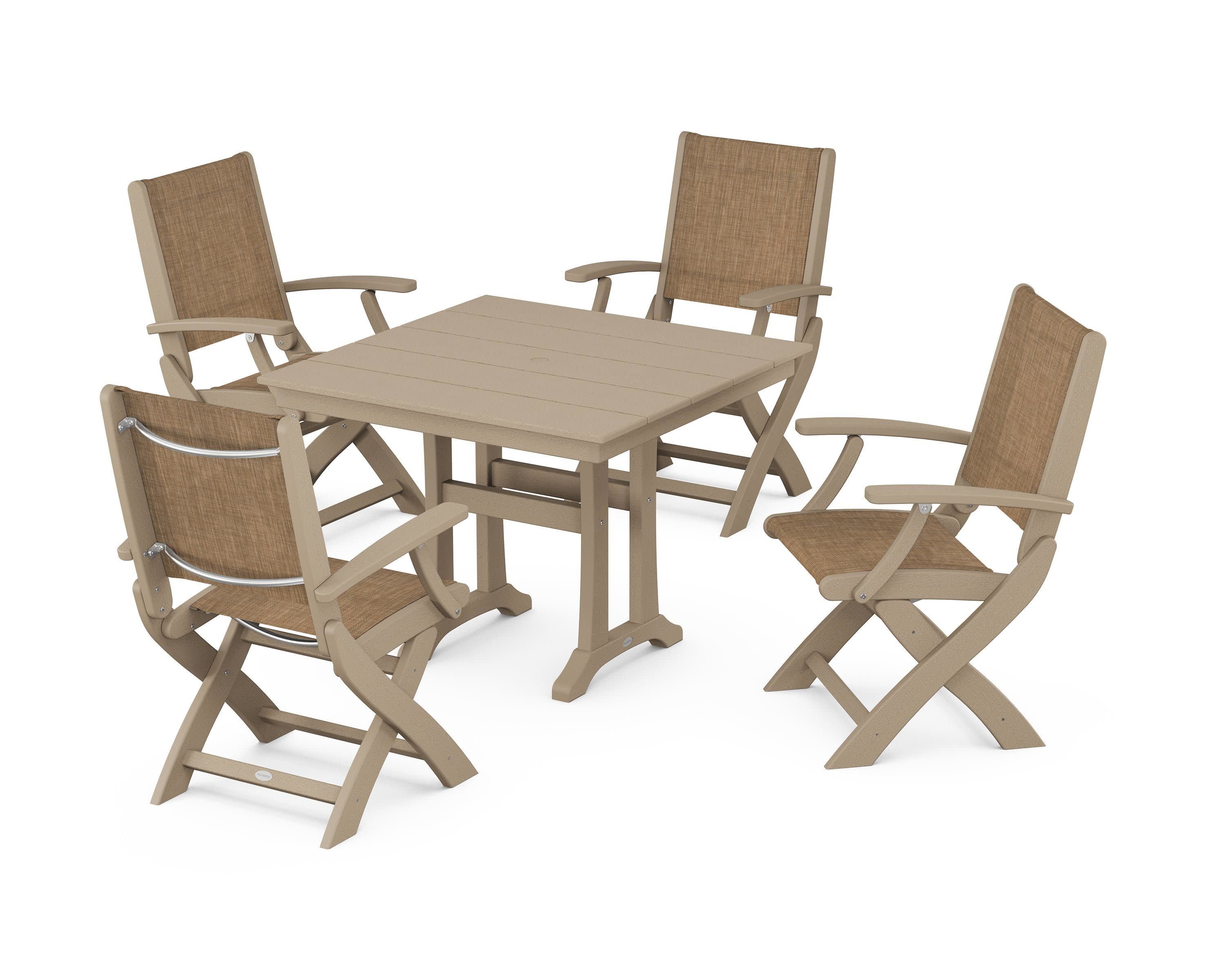 Coastal Folding Chair 5-Piece Farmhouse Dining Set With Trestle Legs in Vintage Sahara / Burlap Sling