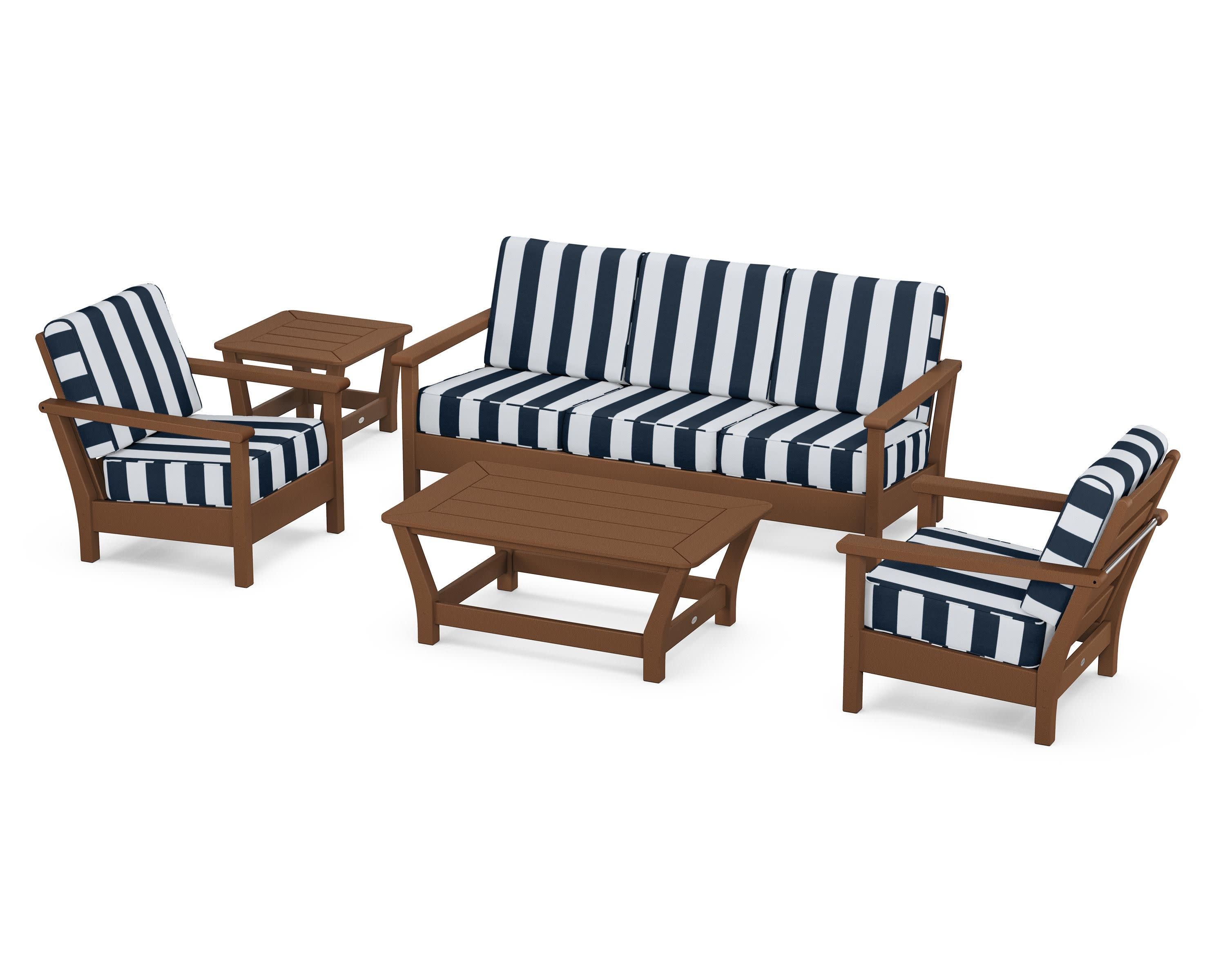 Harbour 5-Piece Deep Seating Set in Teak / Cabana Stripe Marine Indigo