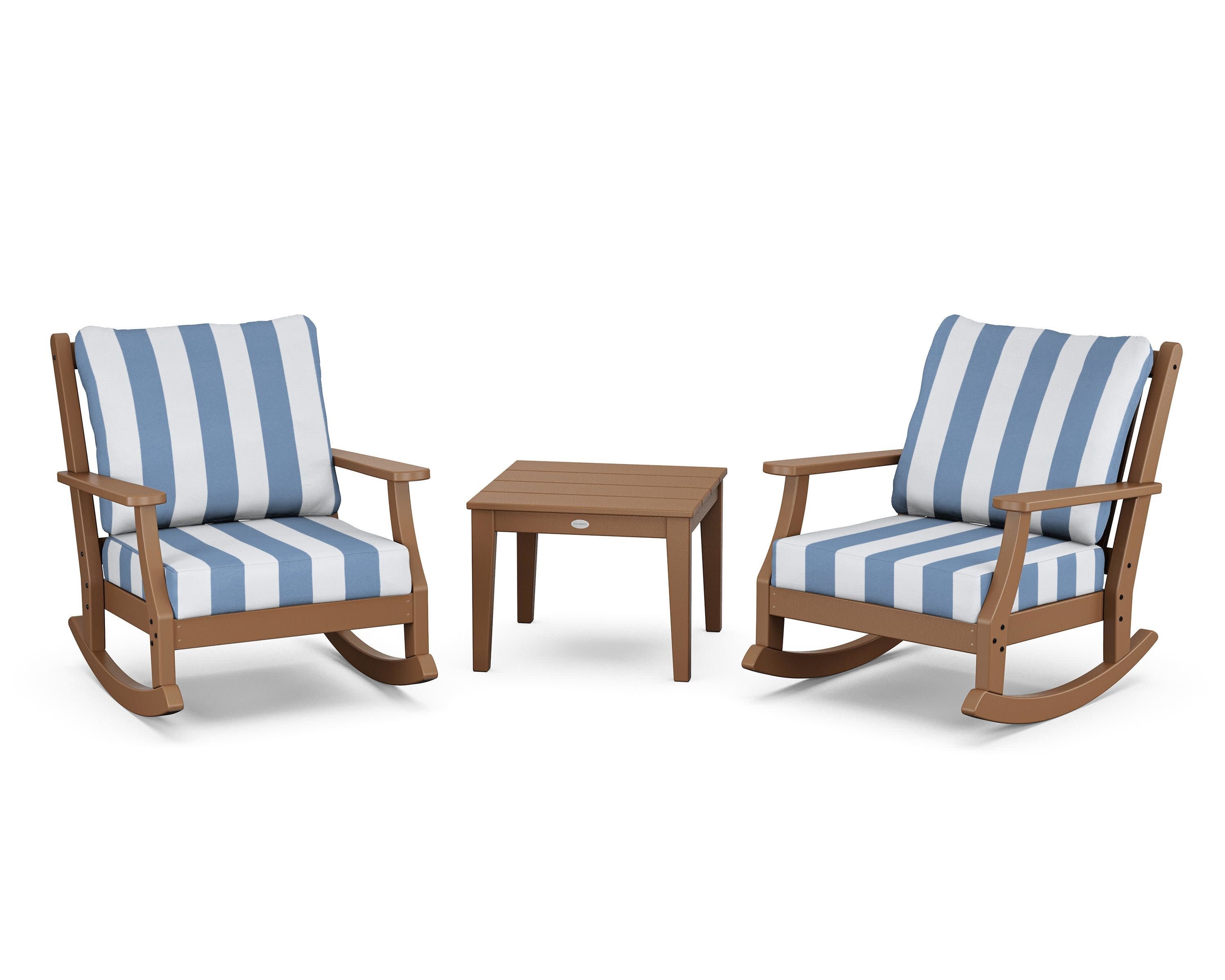 Wovendale 3-Piece Deep Seating Rocker Set in Teak / Cabana Stripe Sky Blue