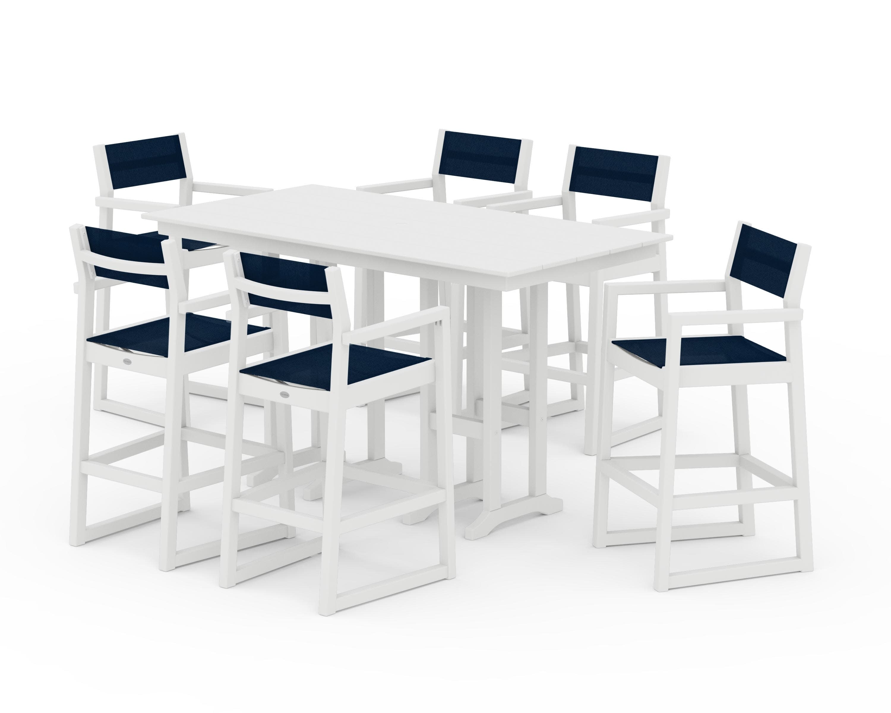 EDGE Sling Arm Chair 7-Piece Farmhouse Bar Set in White / Navy Blue Sling