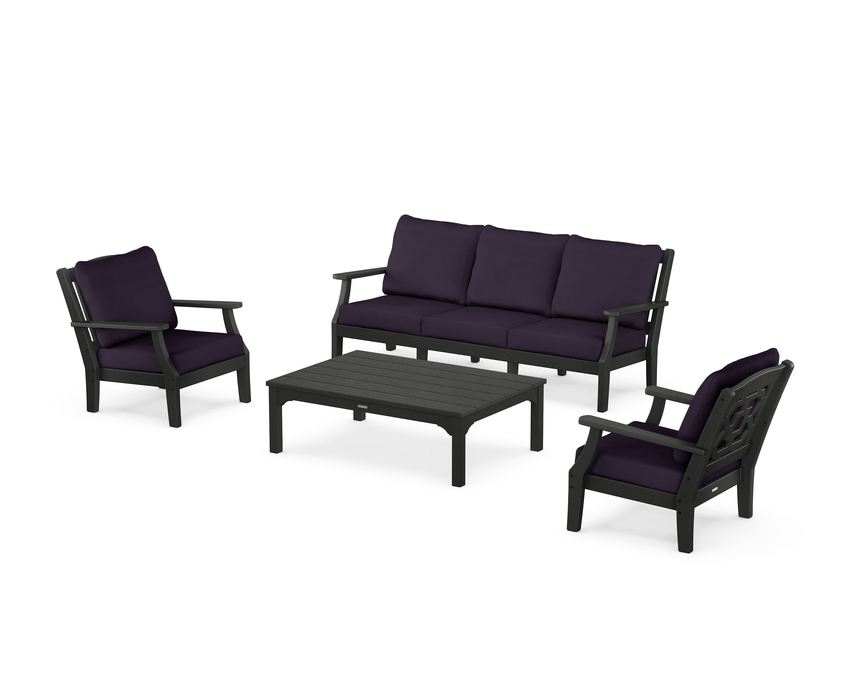 Chinoiserie 4-Piece Deep Seating Set with Sofa in Black / Navy Linen