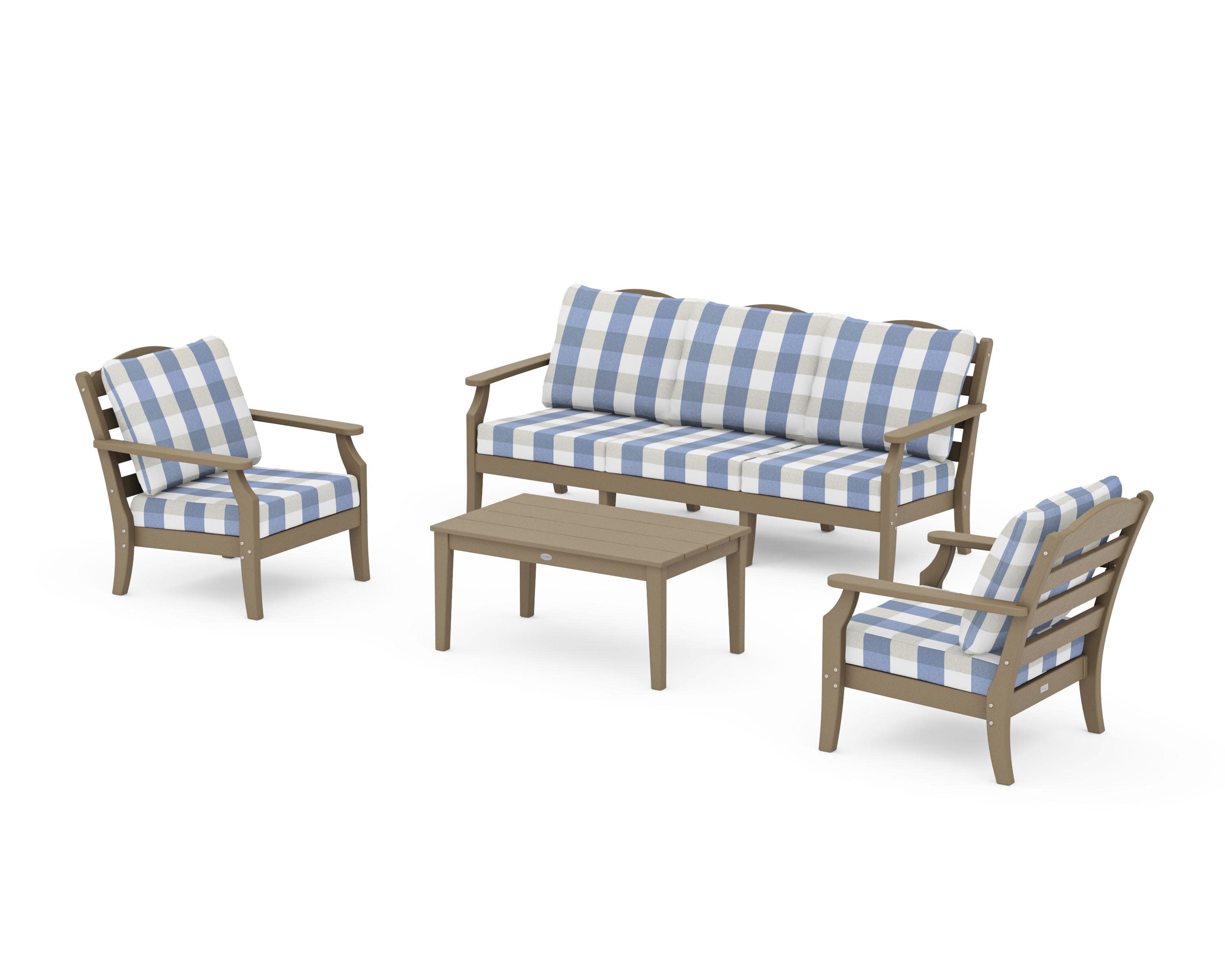 Savannah 4-Piece Deep Seating Set with Sofa in Vintage Sahara / Buffalo Plaid Sky Blue