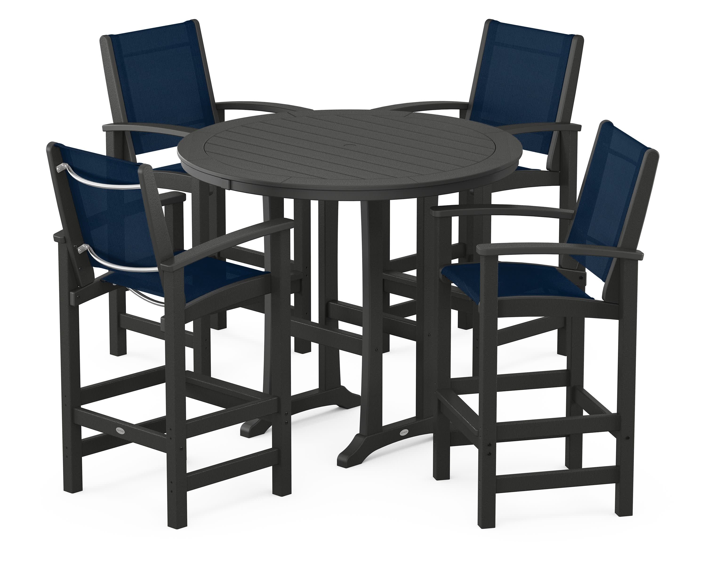 Coastal 5-Piece Nautical Trestle Bar Set in Black / Navy Blue Sling