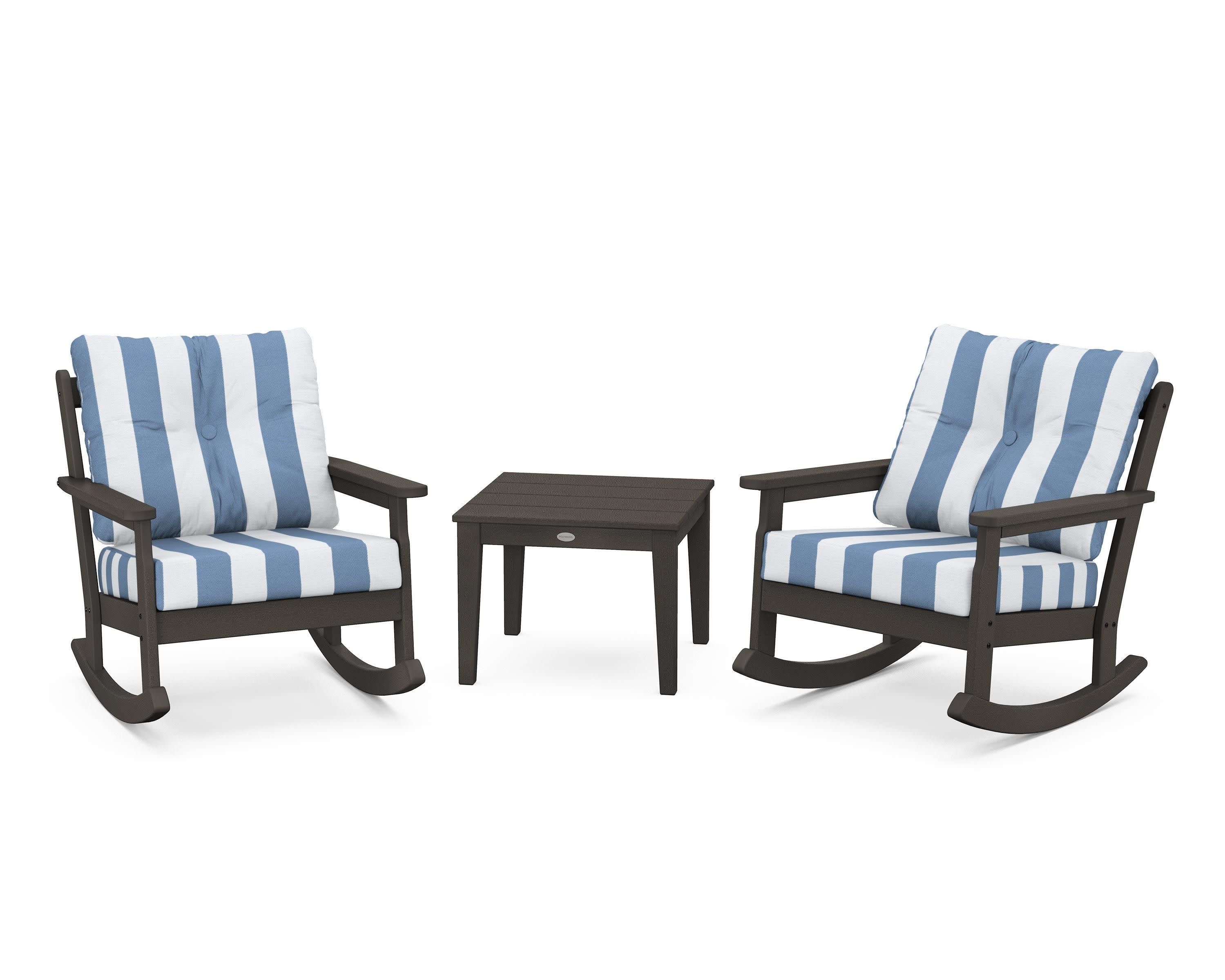 Vineyard 3-Piece Deep Seating Rocker Set in Vintage Coffee / Cabana Stripe Sky Blue