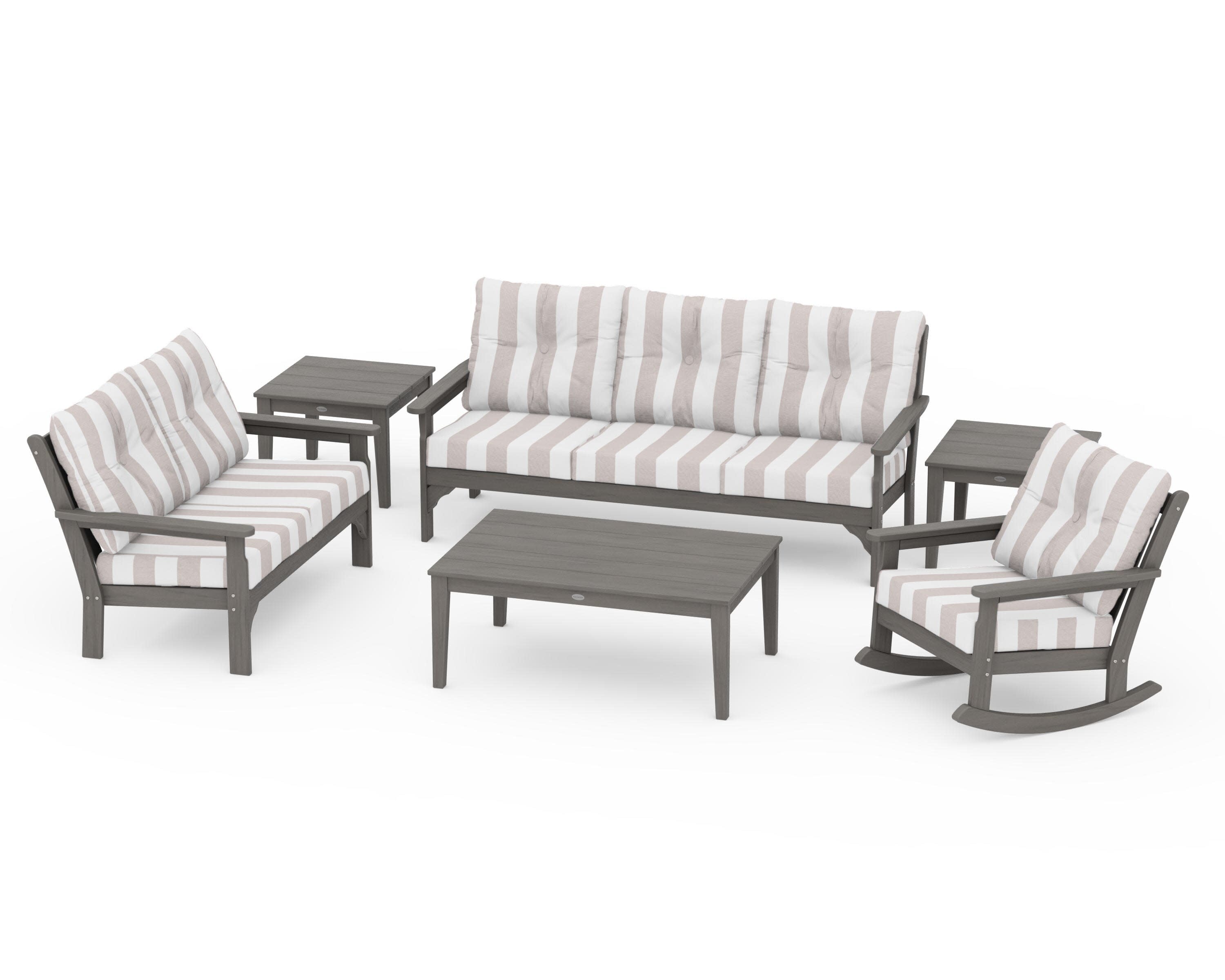 Vineyard 6-Piece Deep Seating Set in Driftwood / Cabana Stripe Dune Burlap