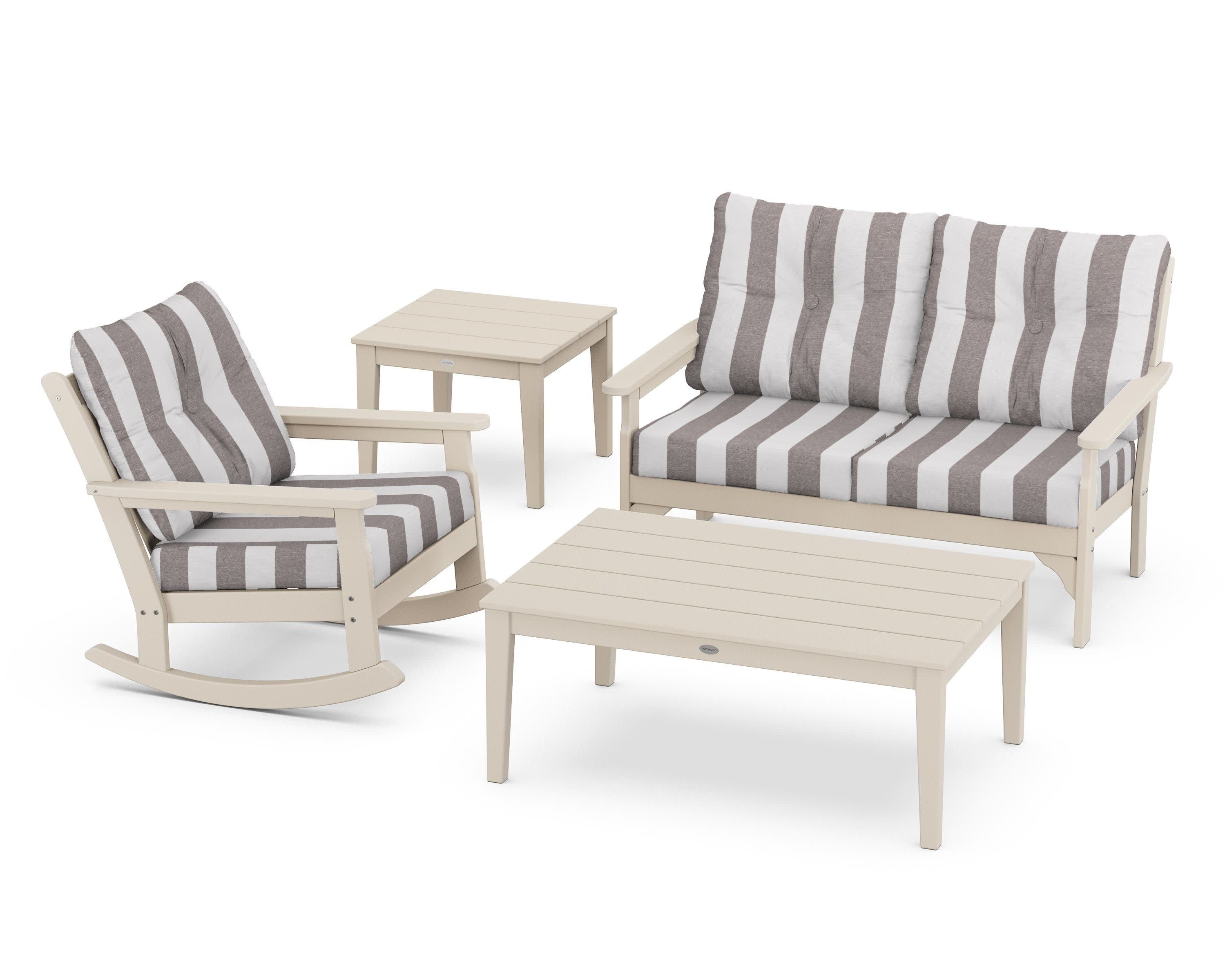 Vineyard 4-Piece Deep Seating Rocker Set in Sand / Cabana Stripe Grey Mist