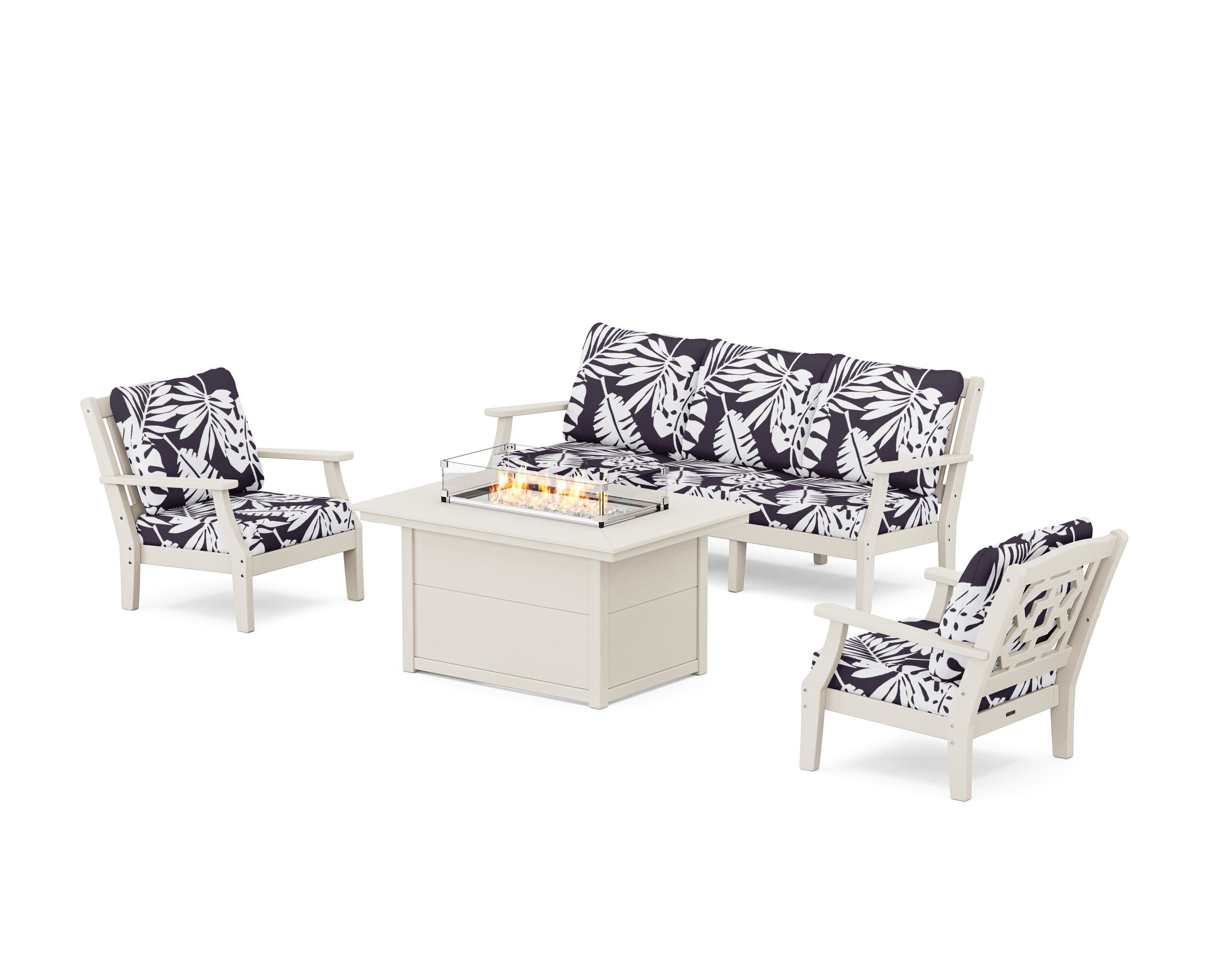 Chinoiserie Deep Seating Fire Pit Table Set in Sand / Leaf Navy