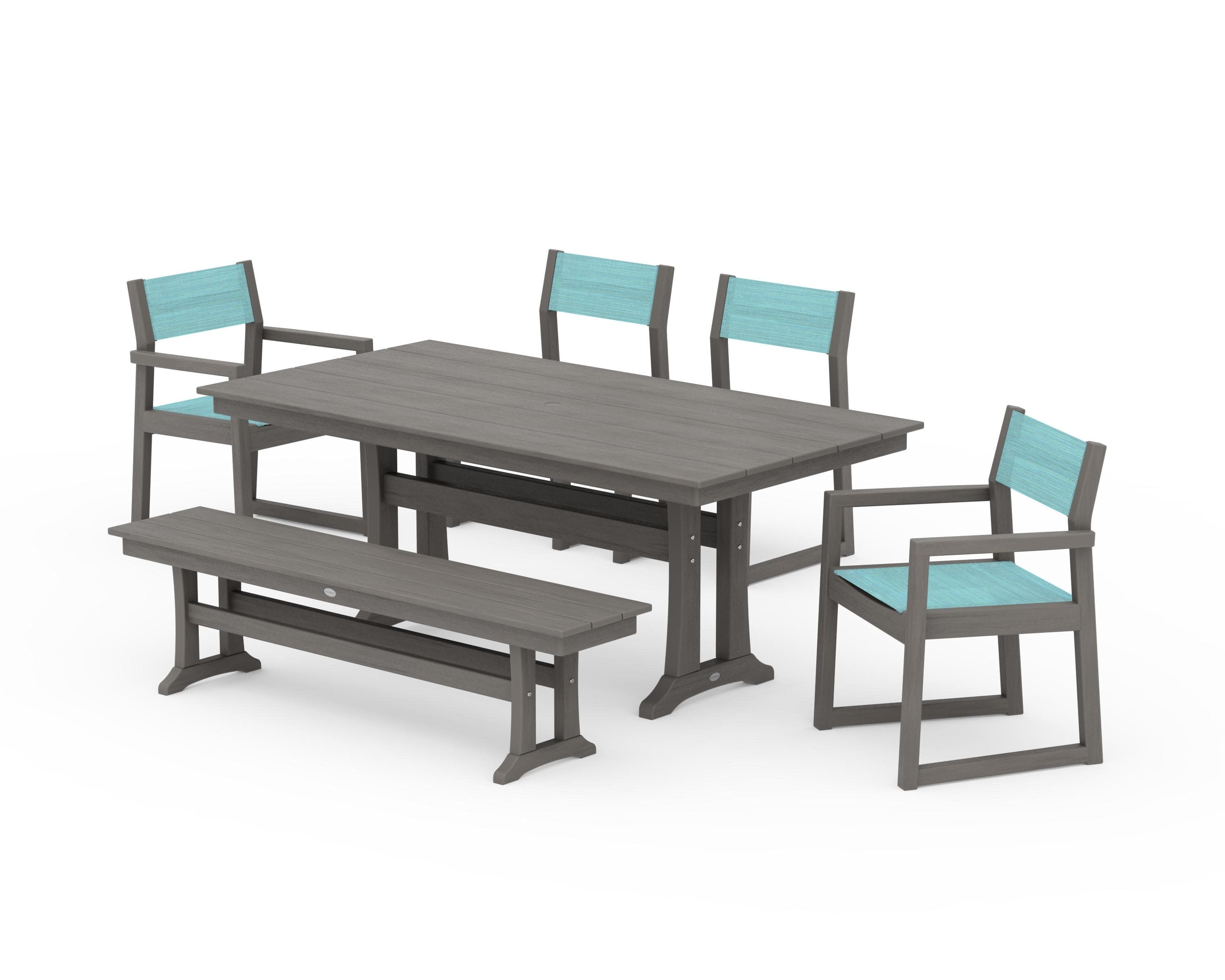 EDGE Sling 6-Piece Farmhouse Dining Set With Trestle Legs in Driftwood / Dupioni Aquamarine Sling