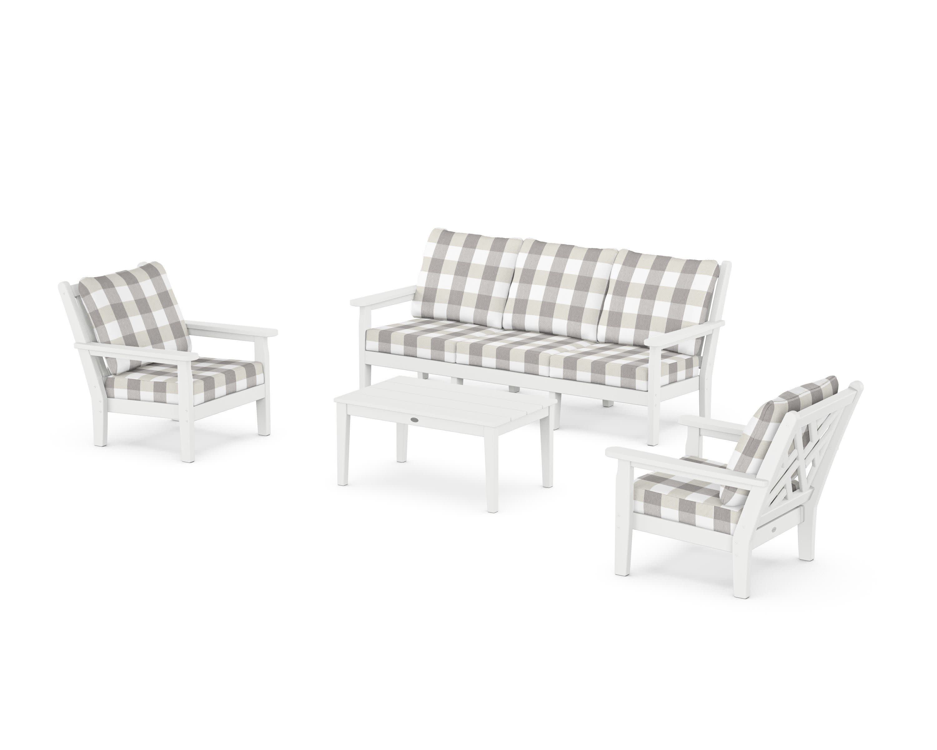 Chippendale 4-Piece Deep Seating Set with Sofa in White / Buffalo Plaid Grey Mist
