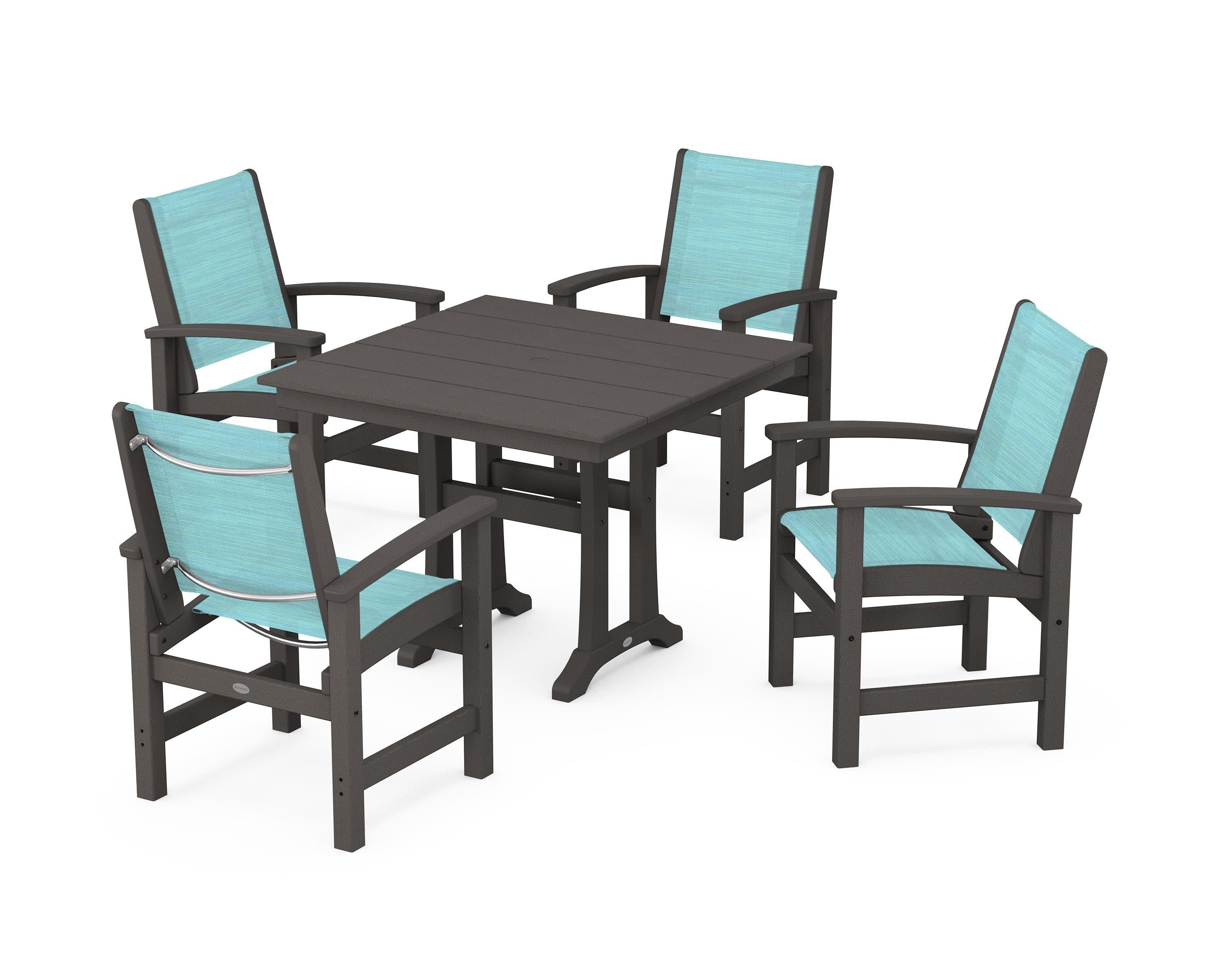 Coastal 5-Piece Farmhouse Dining Set With Trestle Legs in Vintage Coffee / Dupioni Aquamarine Sling