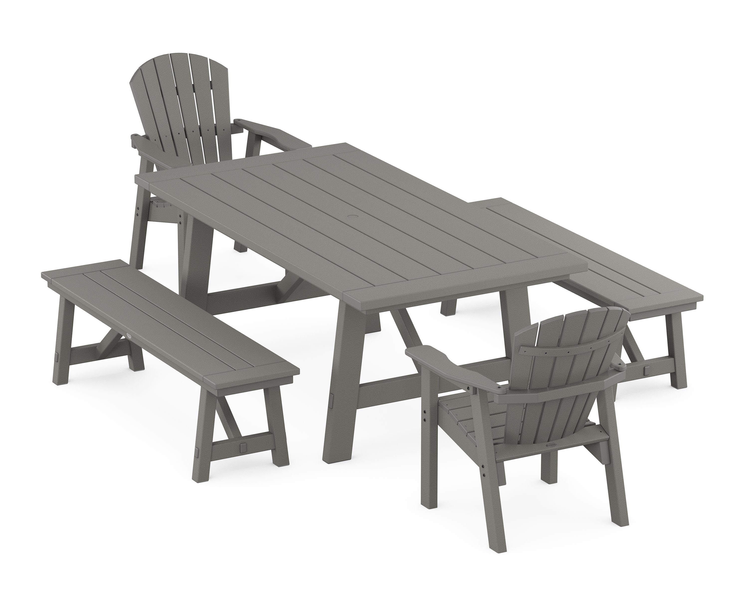 Seashell 5-Piece Rustic Farmhouse Dining Set With Benches in Slate Grey