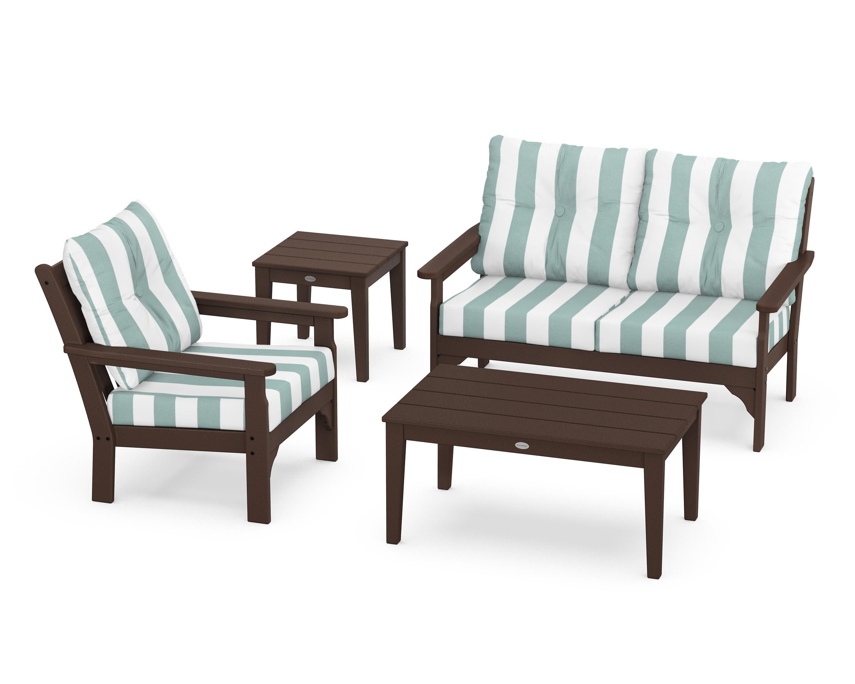 Vineyard 4-Piece Deep Seating Set in Mahogany / Cabana Stripe Glacier Spa