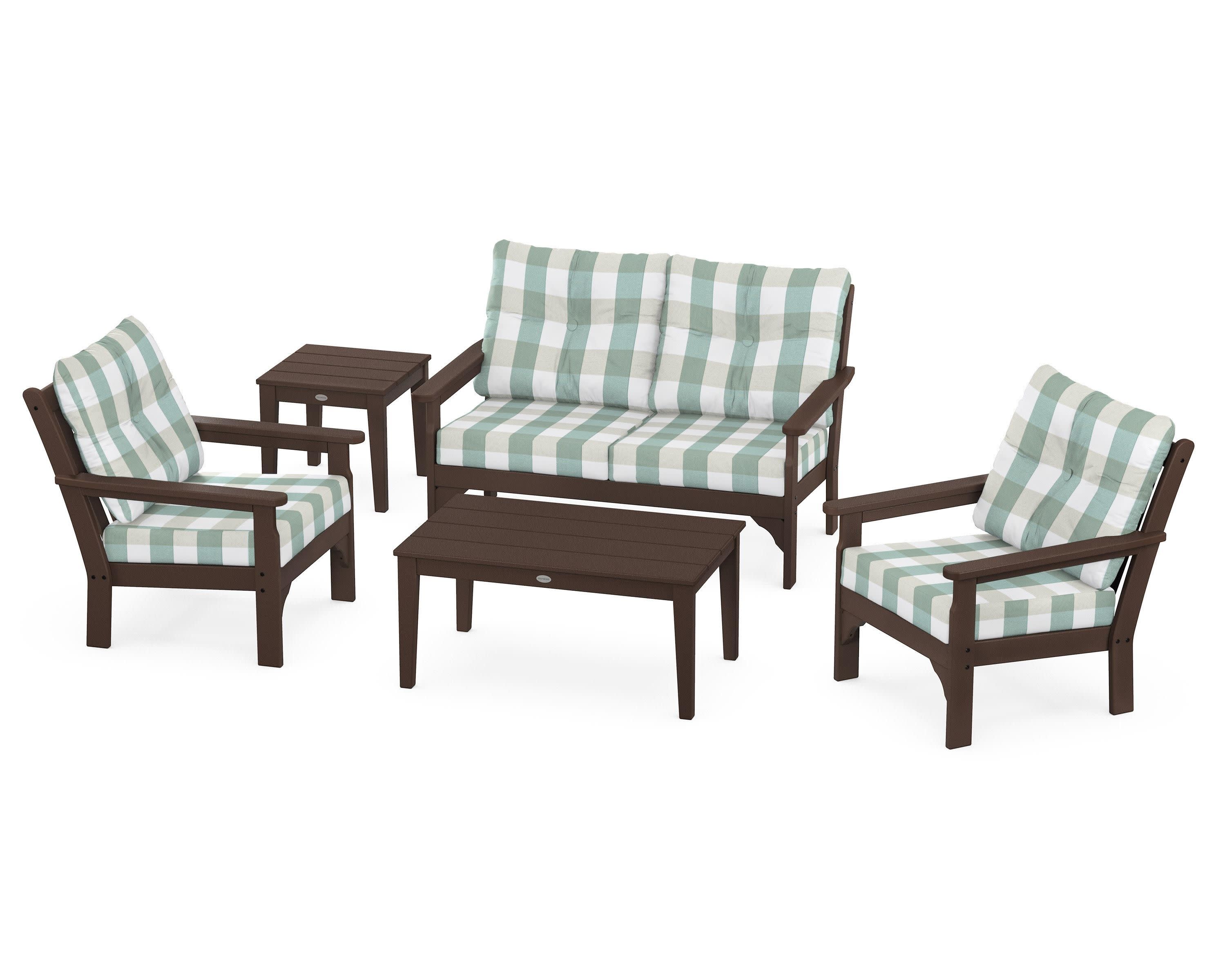 Vineyard 5-Piece Deep Seating Set in Mahogany / Buffalo Plaid Glacier Spa