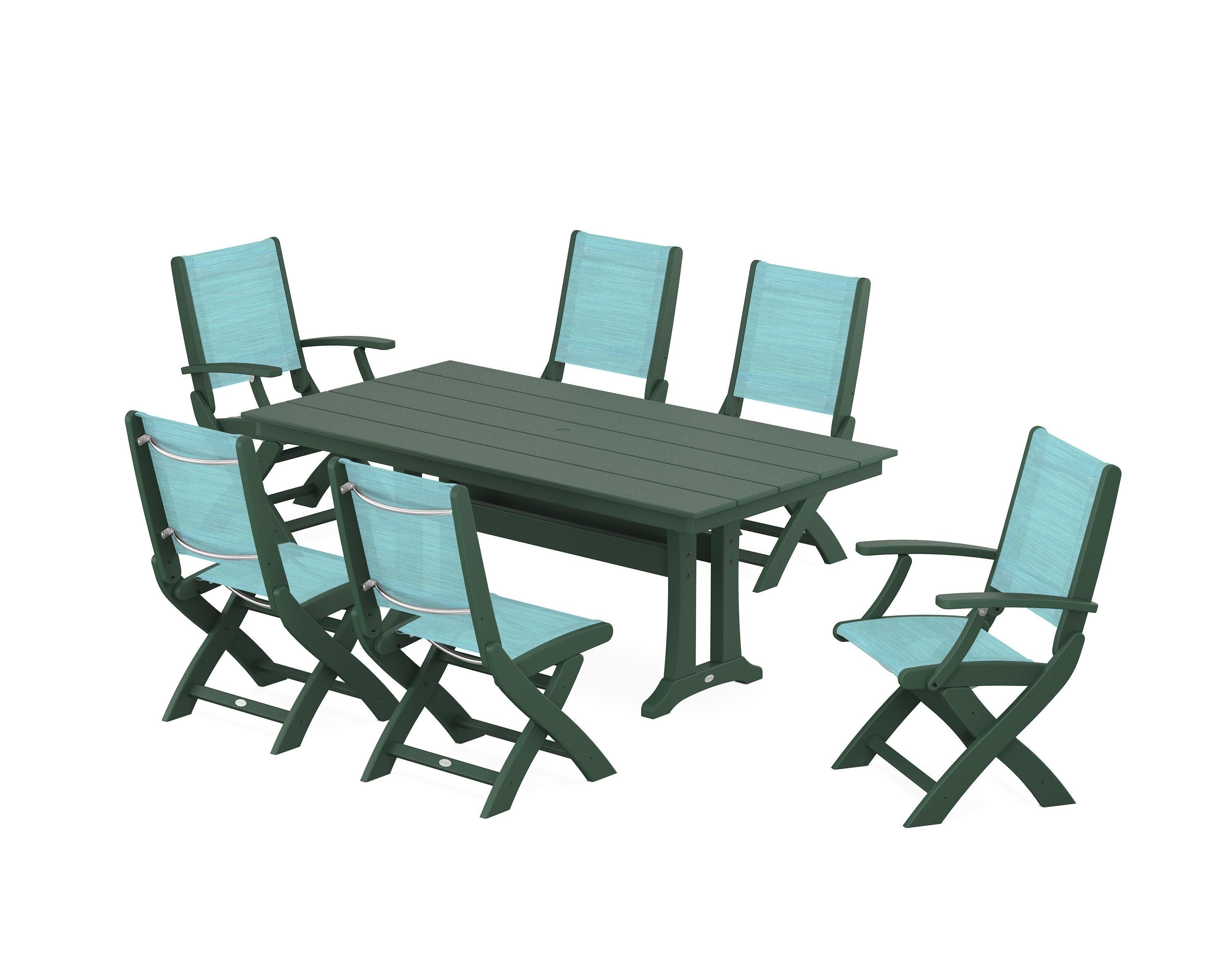 Coastal Folding Chair 7-Piece Farmhouse Dining Set with Trestle Legs in Green / Dupioni Aquamarine Sling