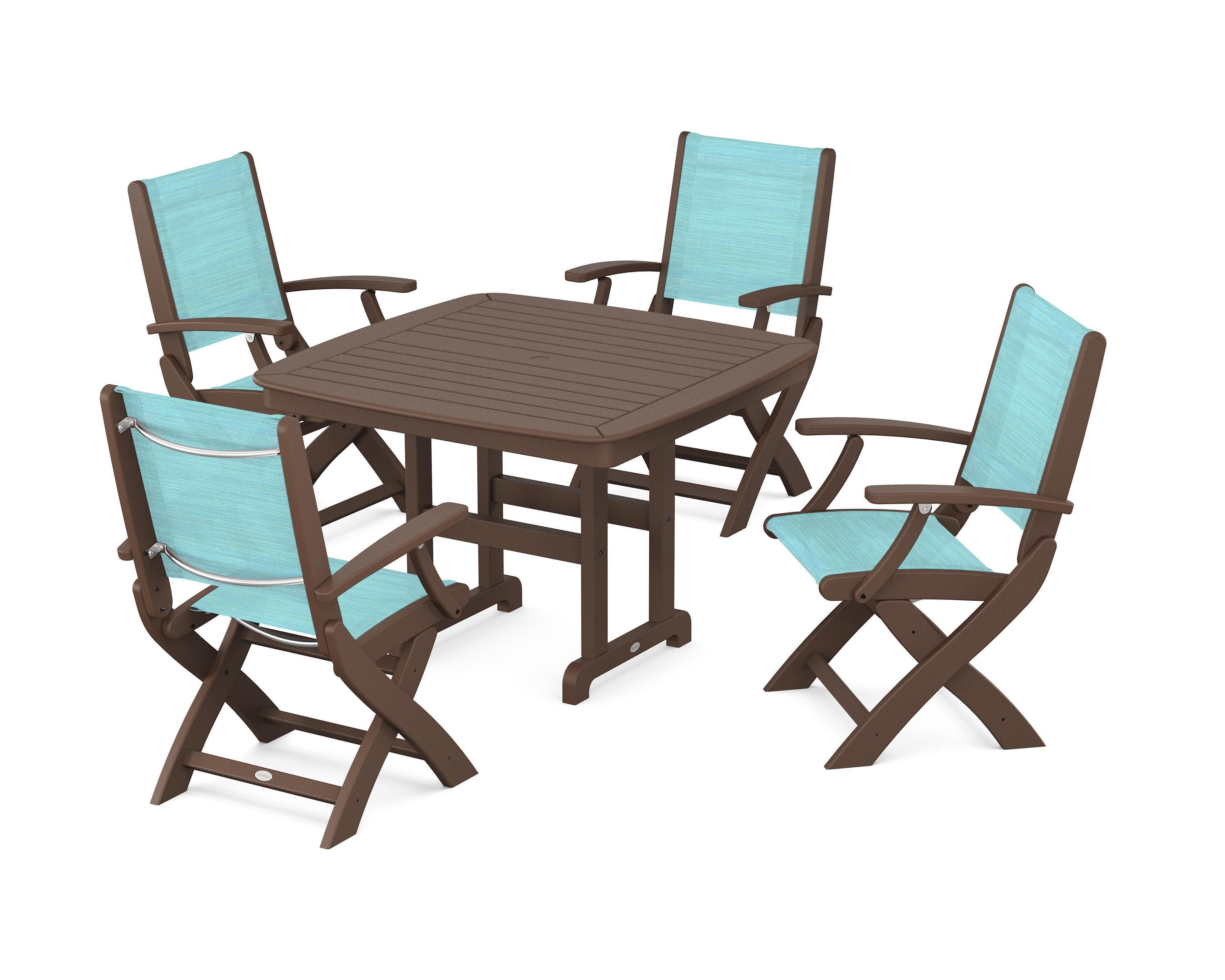 Coastal Folding Chair 5-Piece Dining Set in Mahogany / Dupioni Aquamarine Sling