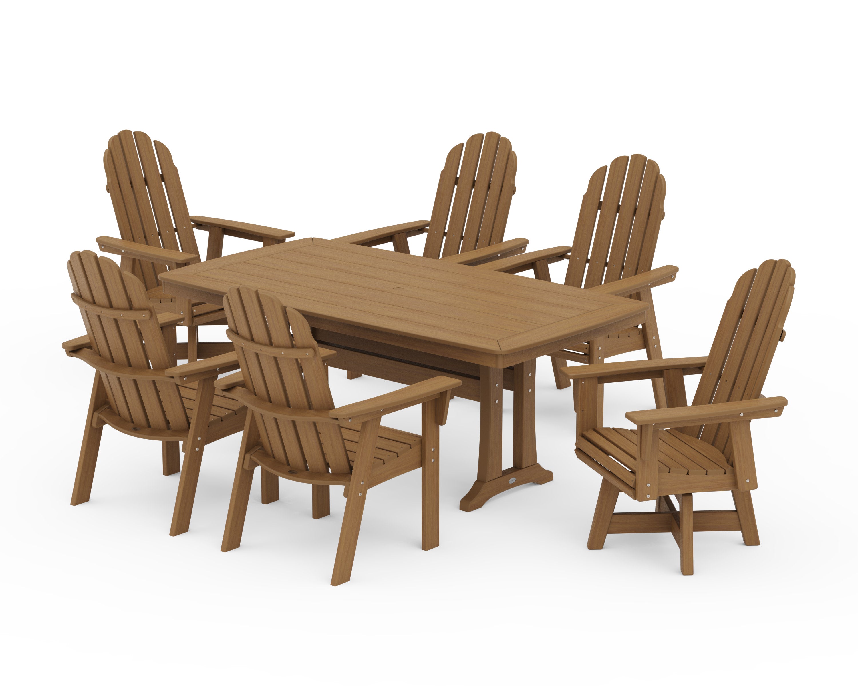 Vineyard Curveback Adirondack Swivel Chair 7-Piece Dining Set with Trestle Legs in Natural