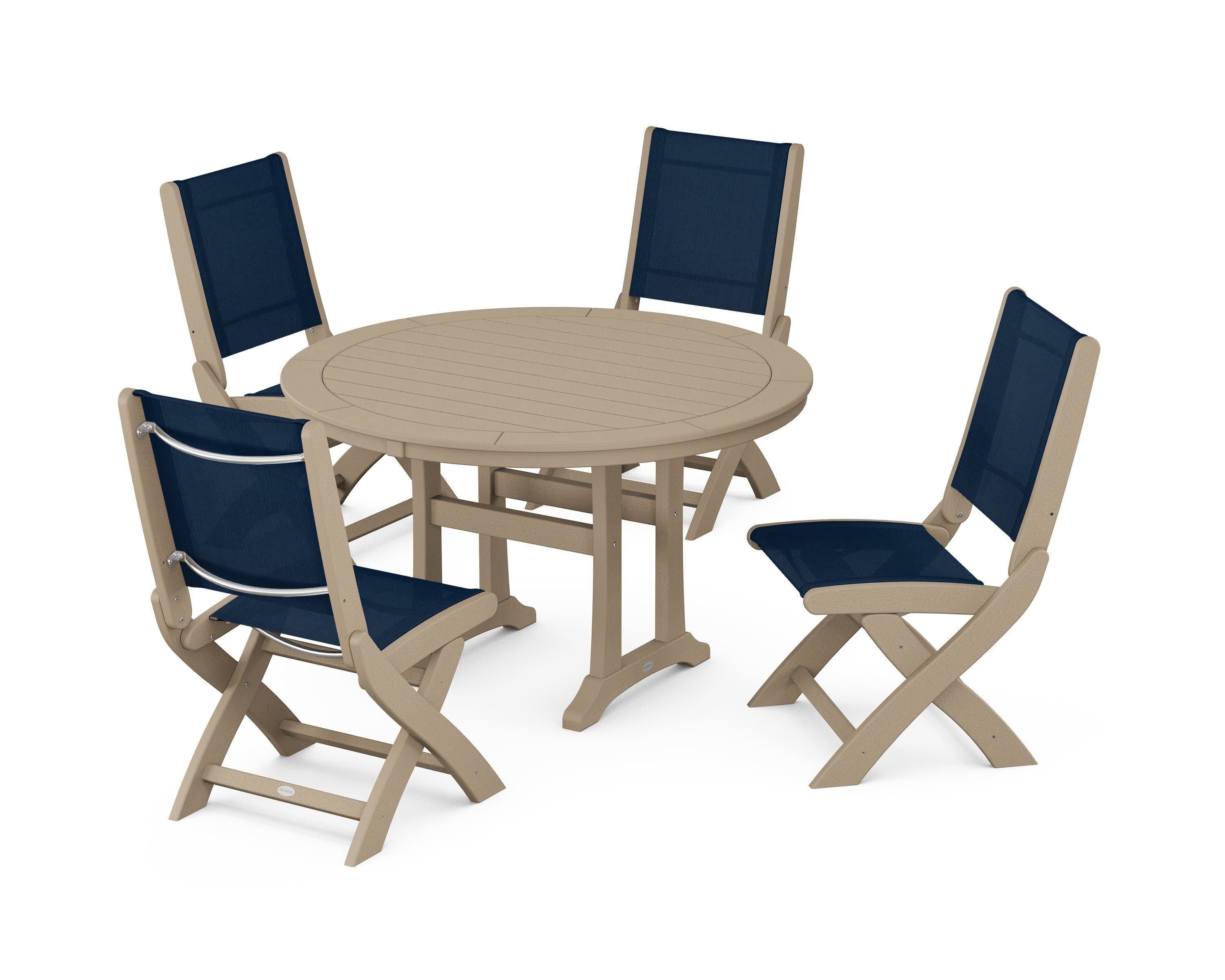 Coastal Folding Side Chair 5-Piece Round Dining Set With Trestle Legs in Vintage Sahara / Navy Blue Sling