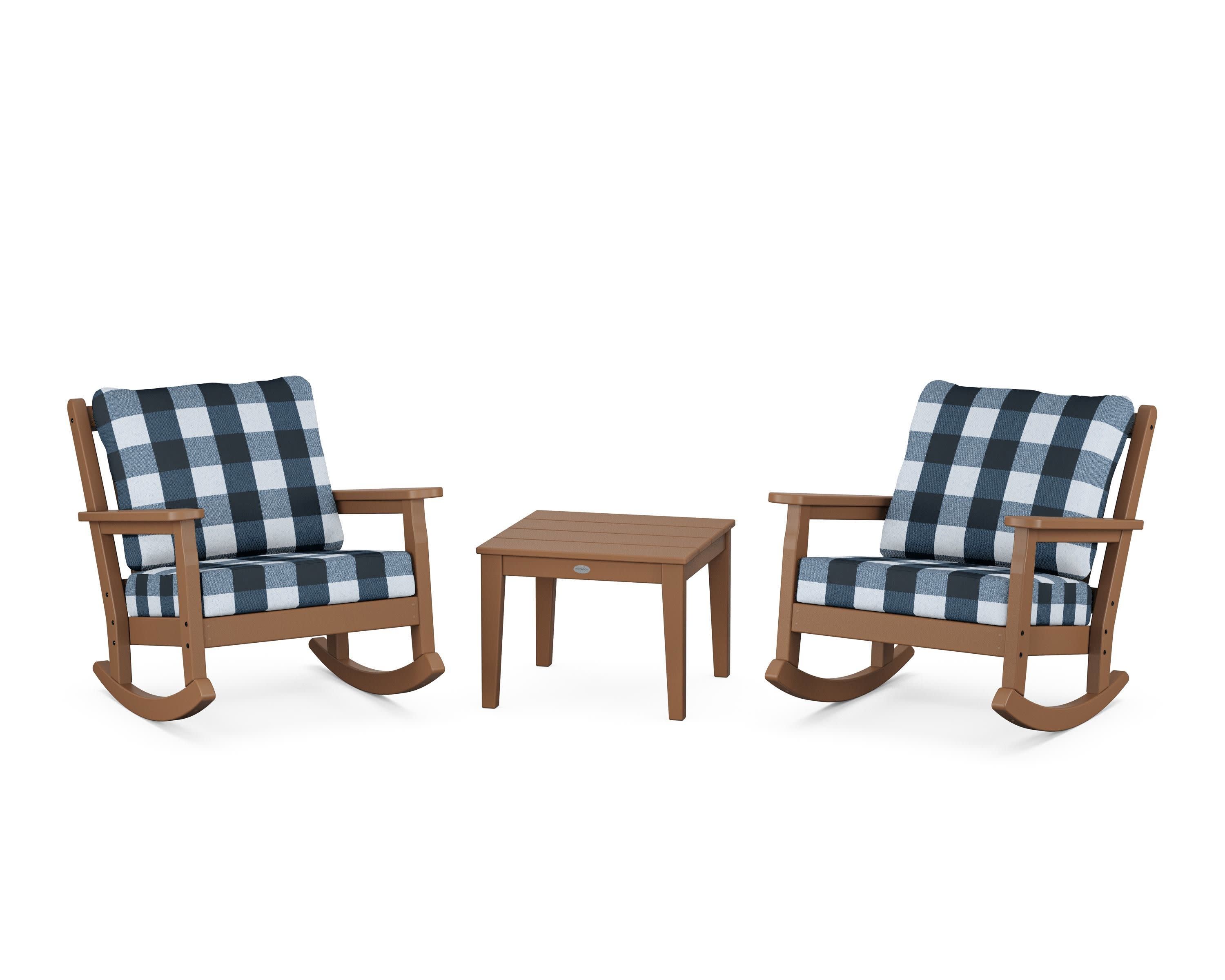 Chippendale 3-Piece Deep Seating Rocker Set in Teak / Buffalo Plaid Marine Indigo