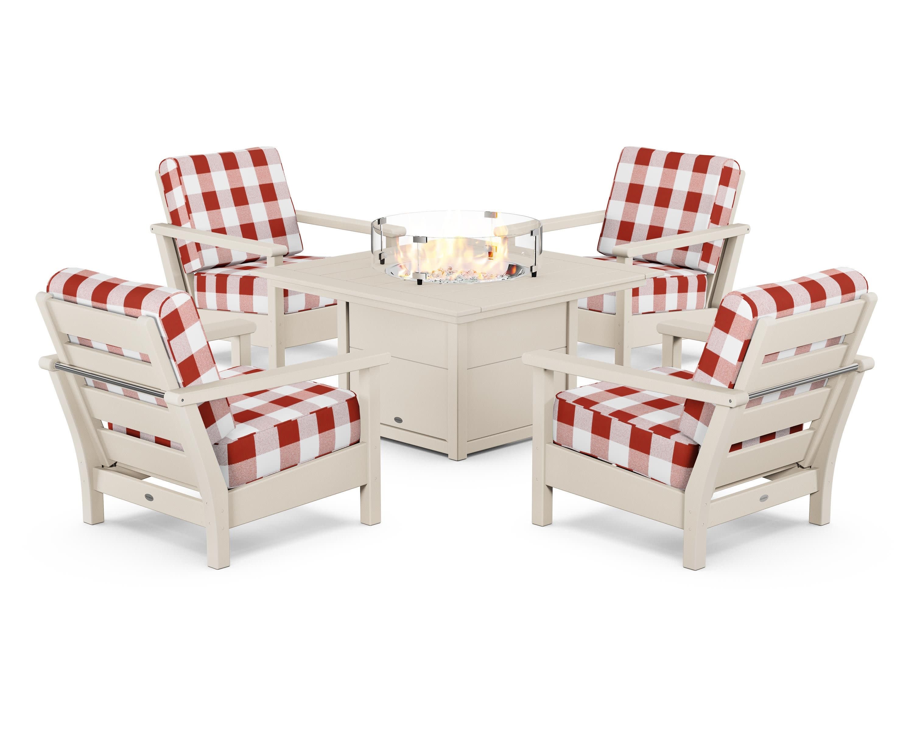 Harbour 5-Piece Conversation Set with Fire Pit Table in Sand / Buffalo Plaid Crimson