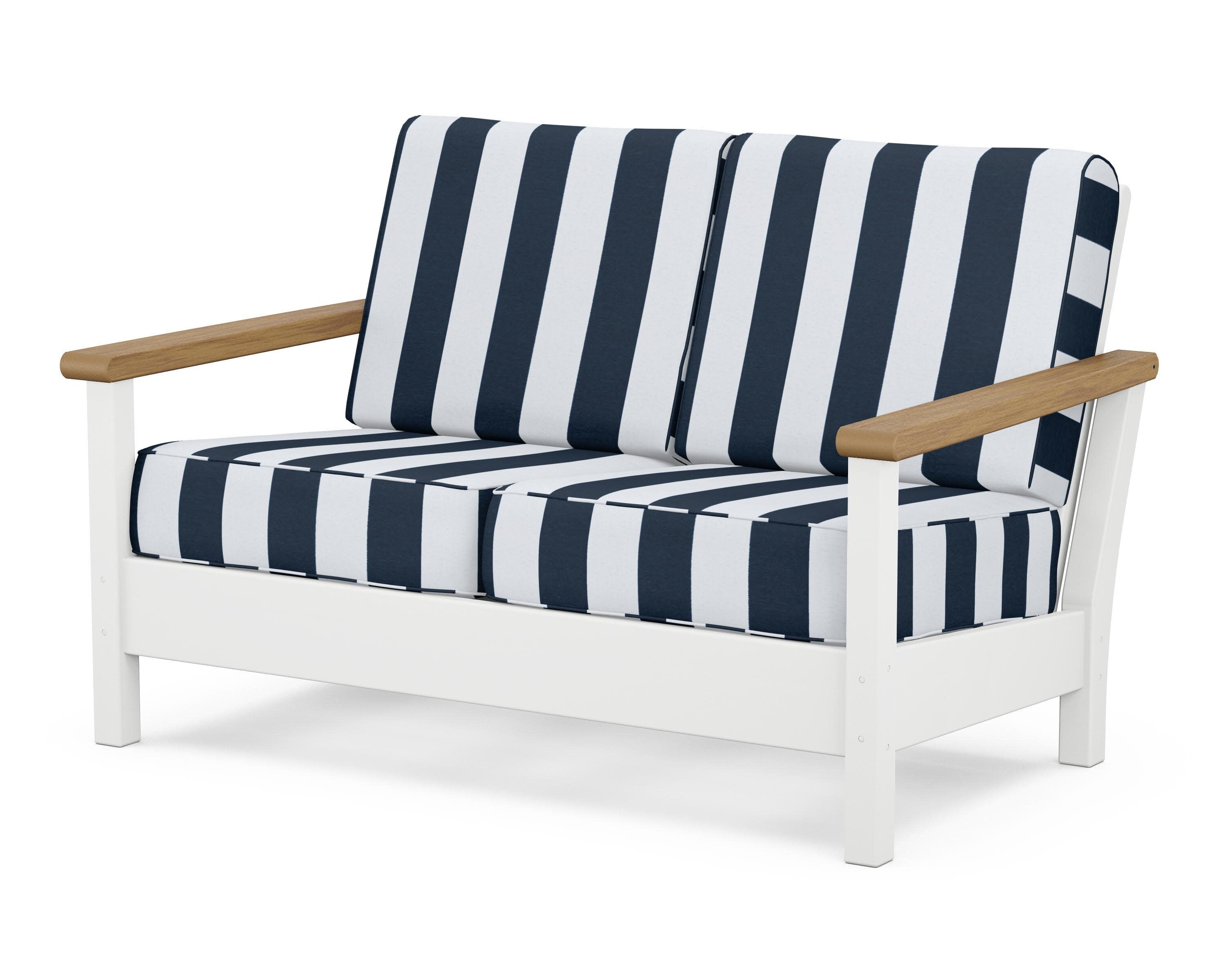 Harbour Deep Seating Loveseat in White / Natural / Cabana Stripe Marine Indigo