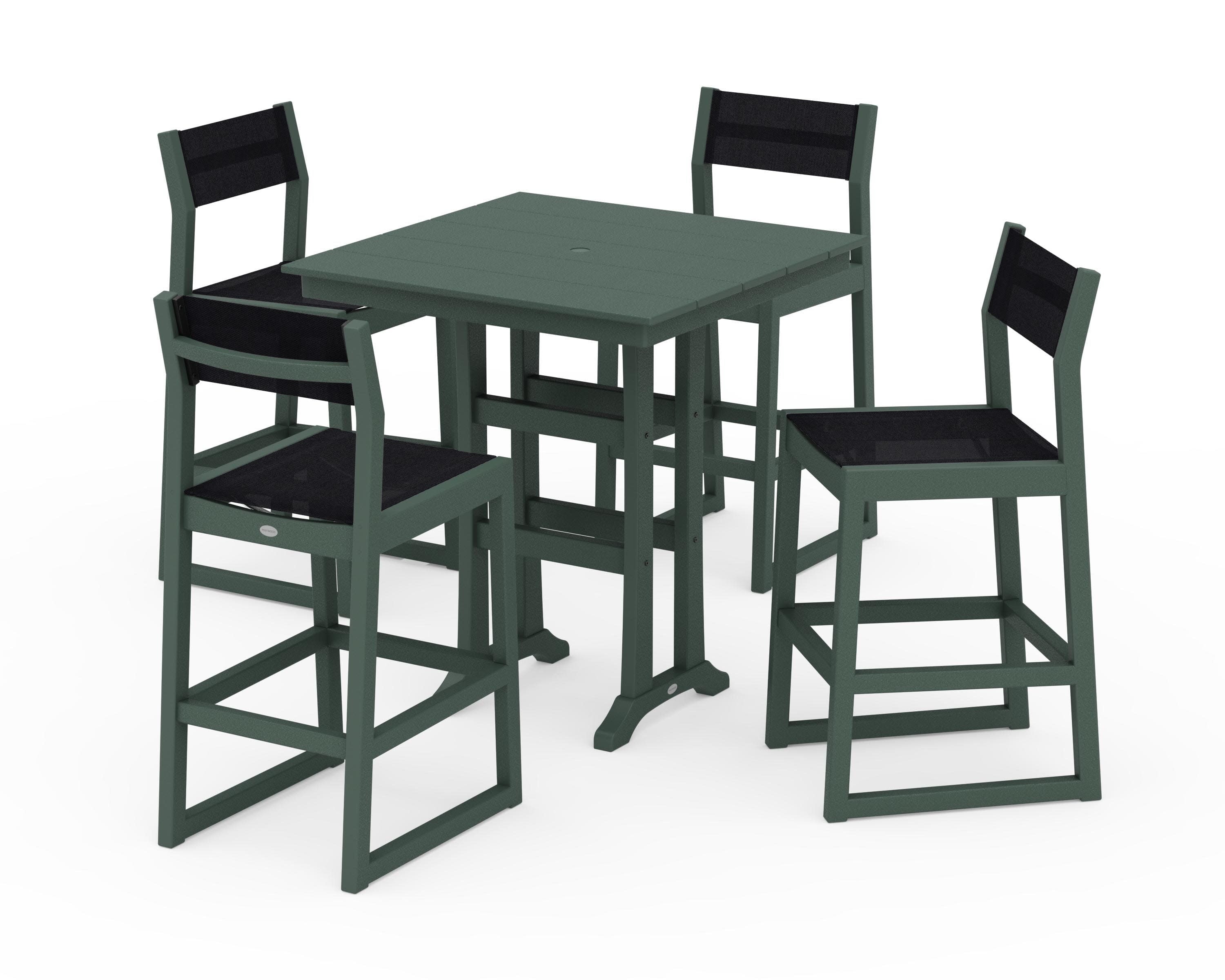 EDGE Sling Arm Chair 5-Piece Farmhouse Bar Set with Trestle Legs in Green / Black Sling