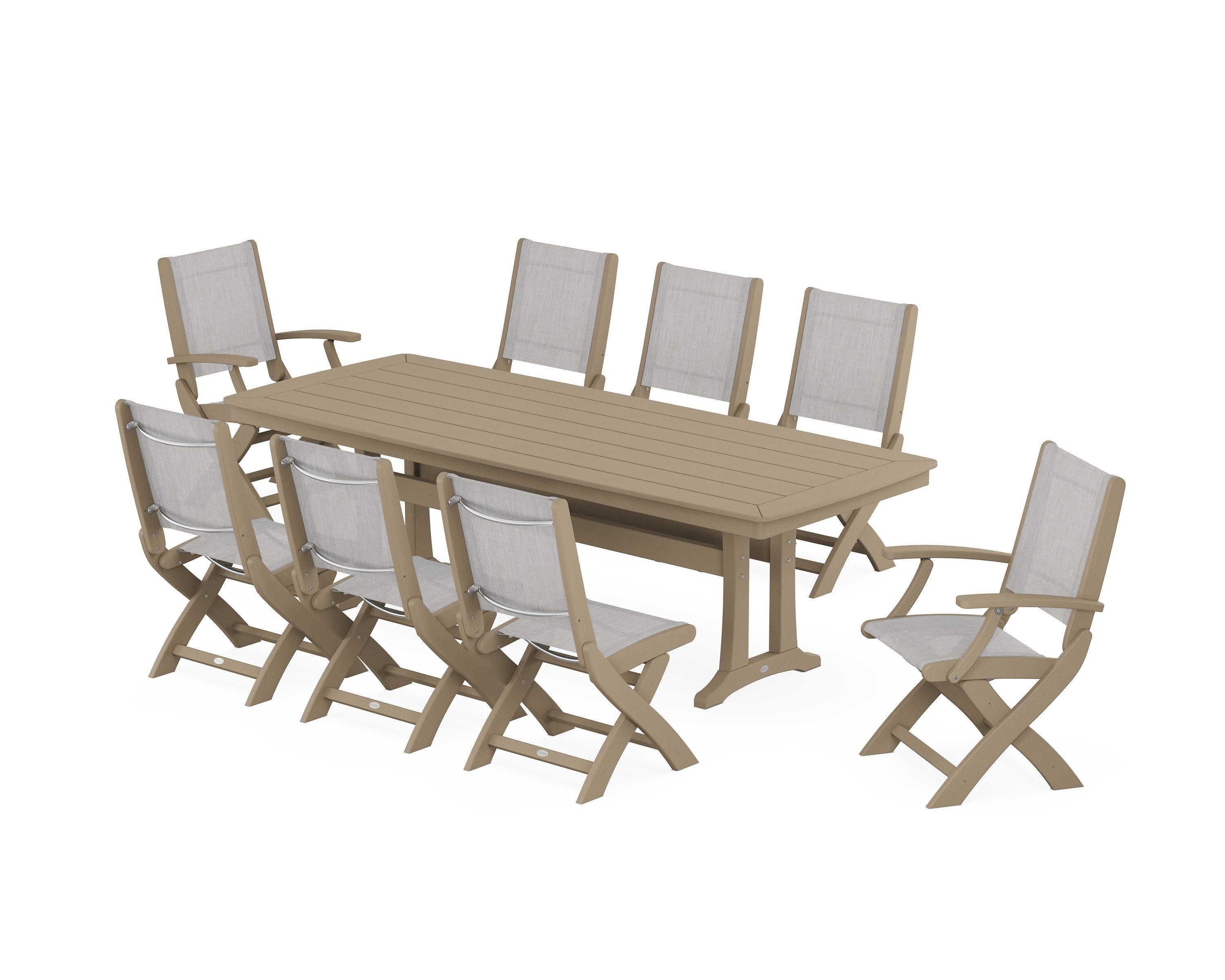 Coastal Folding 9-Piece Dining Set with Trestle Legs in Vintage Sahara / Parchment Sling