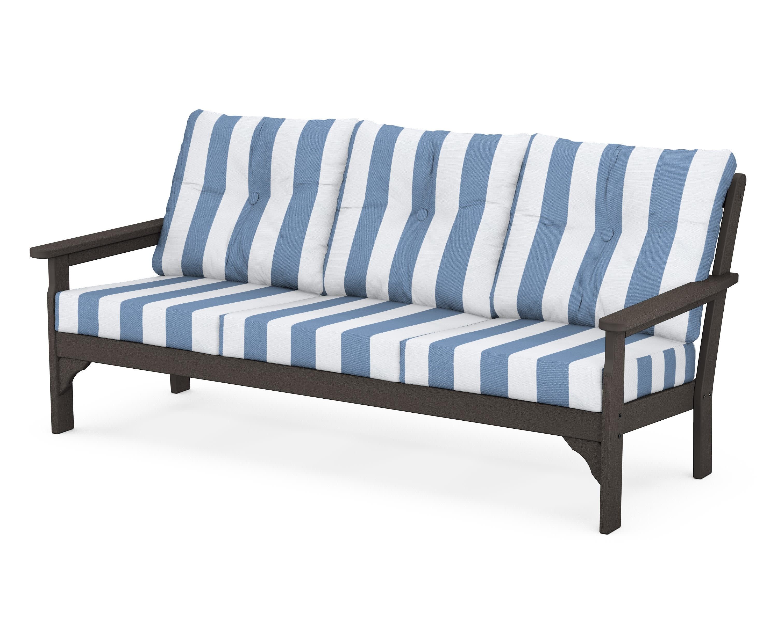 Vineyard Deep Seating Sofa in Vintage Coffee / Cabana Stripe Sky Blue
