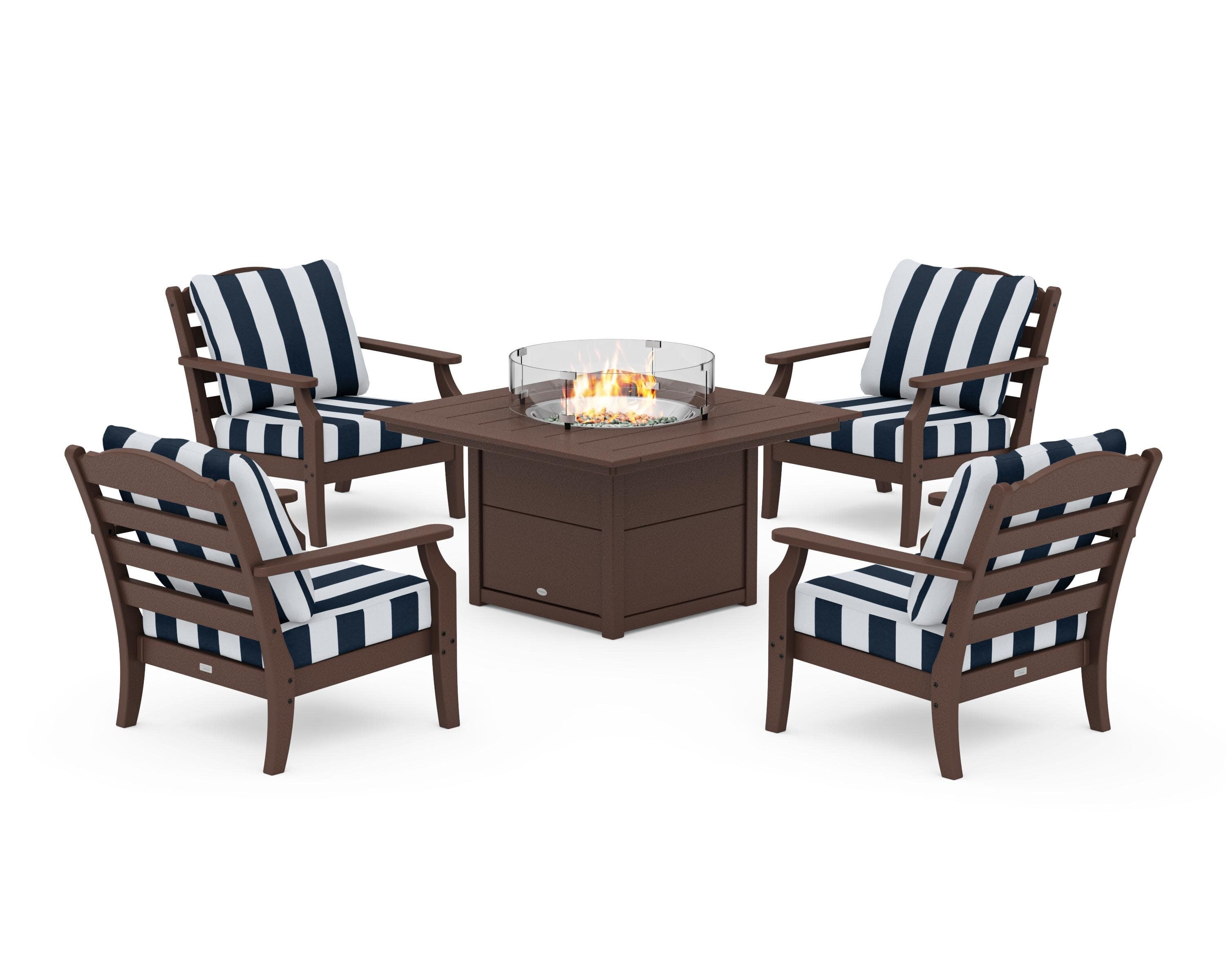 Savannah 5-Piece Deep Seating Set with Fire Pit Table in Mahogany / Cabana Stripe Marine Indigo