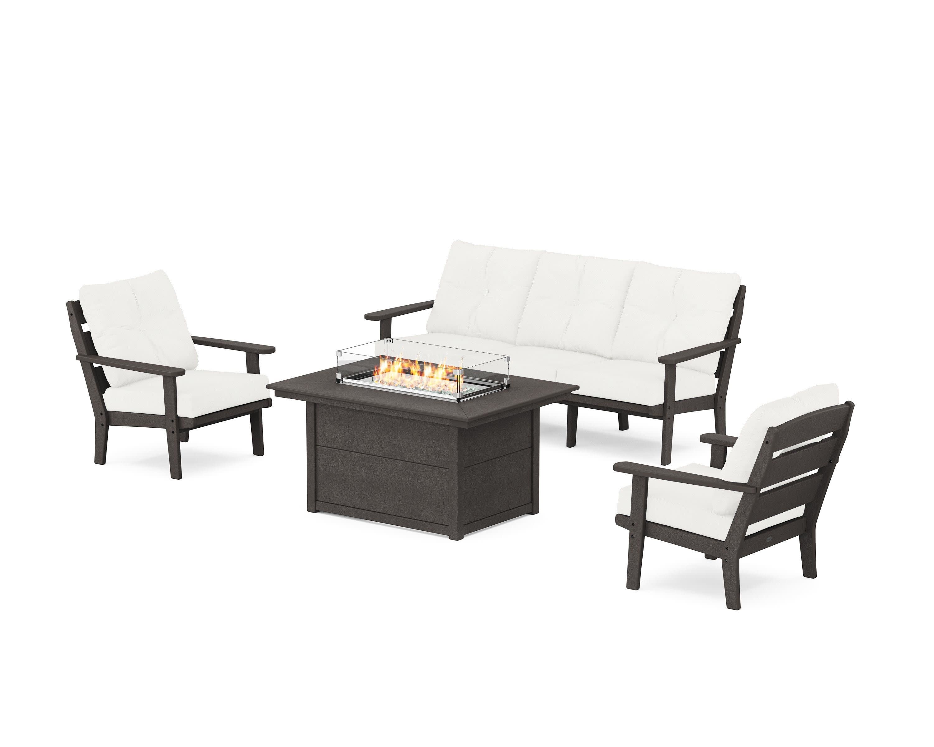 Lakeside Deep Seating Fire Pit Table Set in Vintage Coffee / Natural Linen