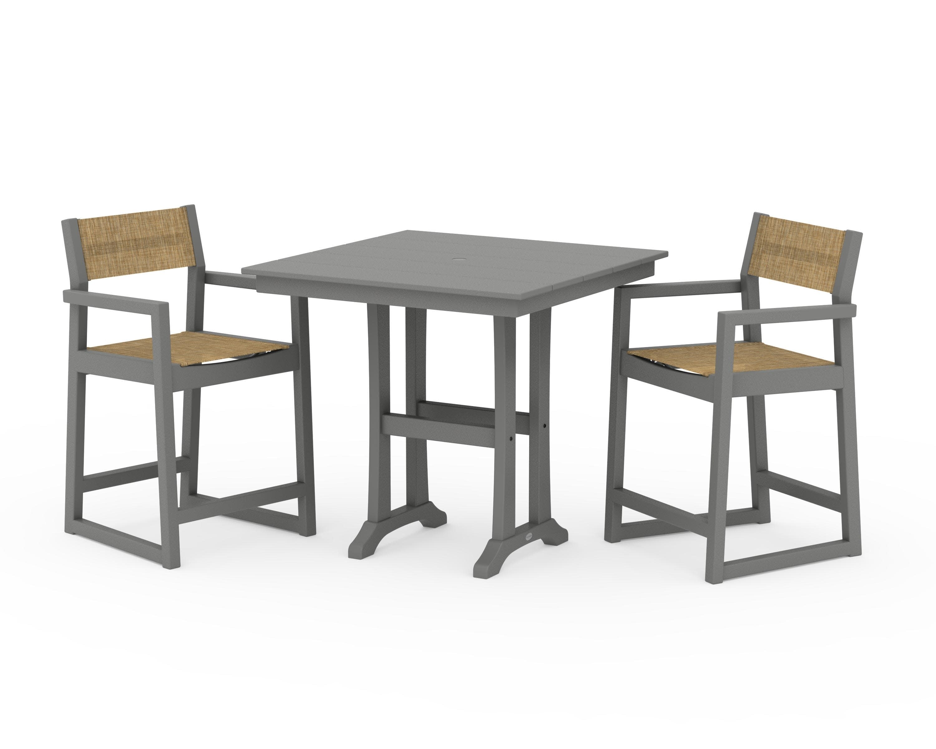 EDGE Sling Arm Chair 3-Piece Farmhouse Counter Set with Trestle Legs in Slate Grey / Burlap Sling