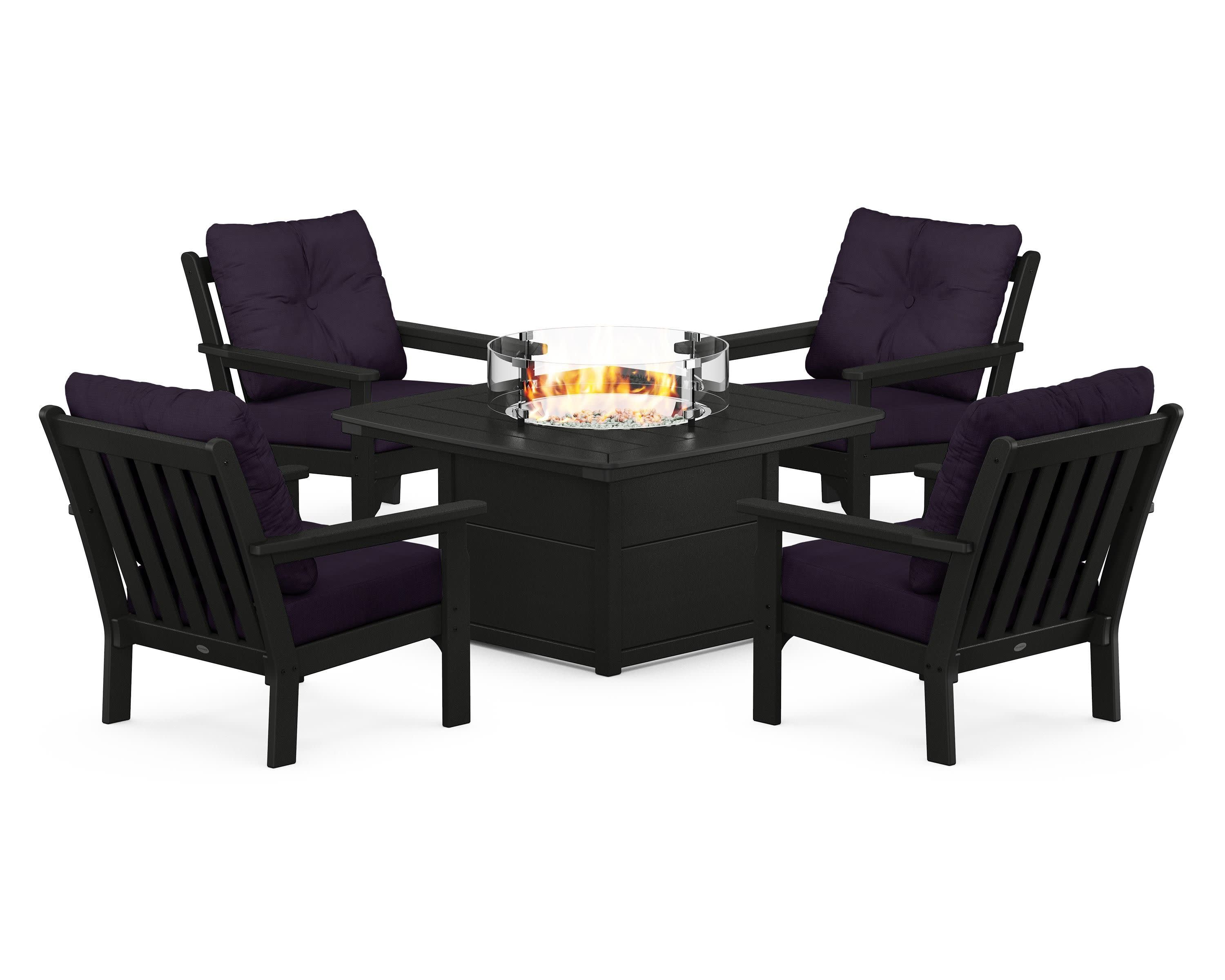 Vineyard 5-Piece Conversation Set with Fire Pit Table in Black / Navy Linen