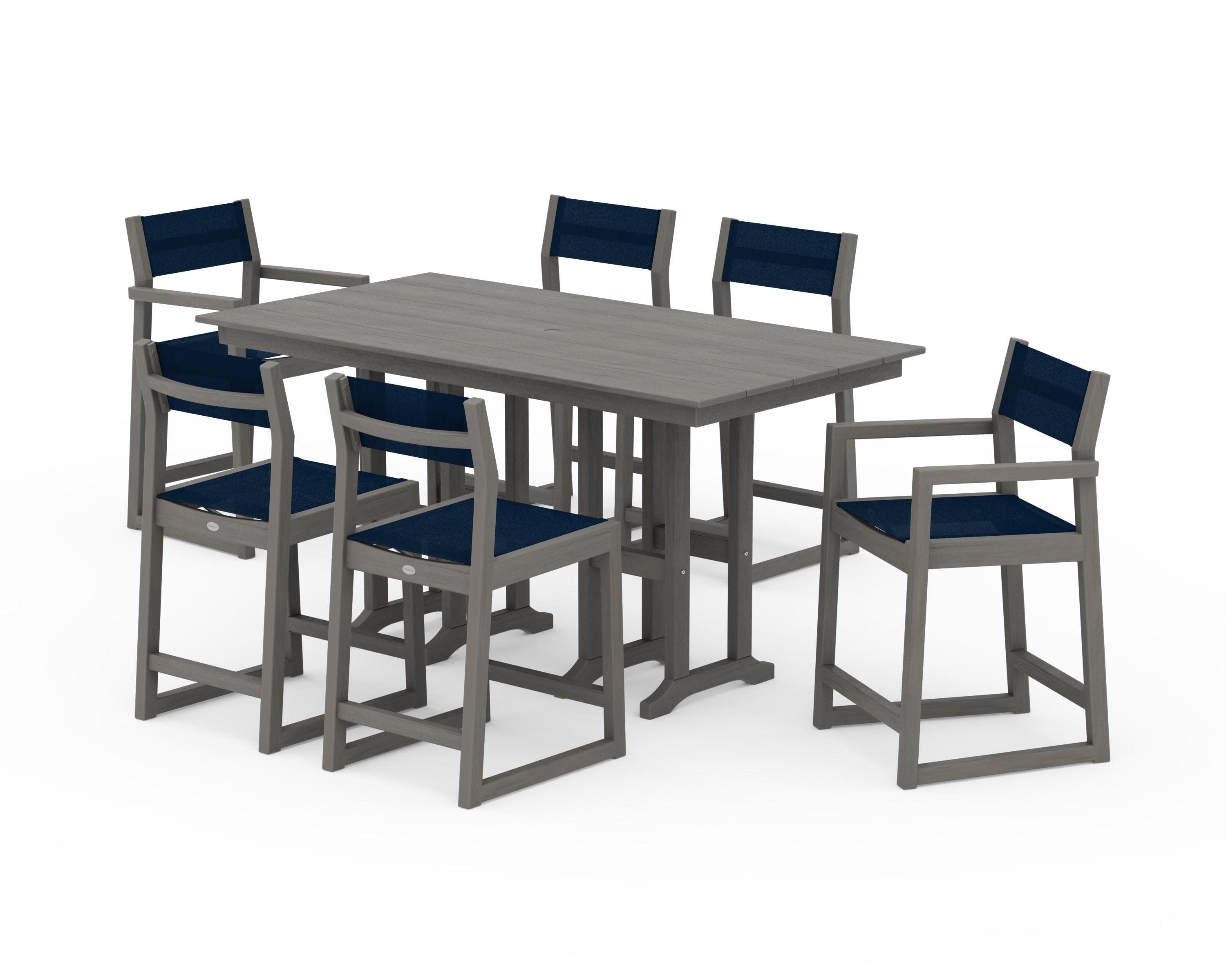 EDGE Sling 7-Piece Farmhouse Counter Set in Driftwood / Navy Blue Sling