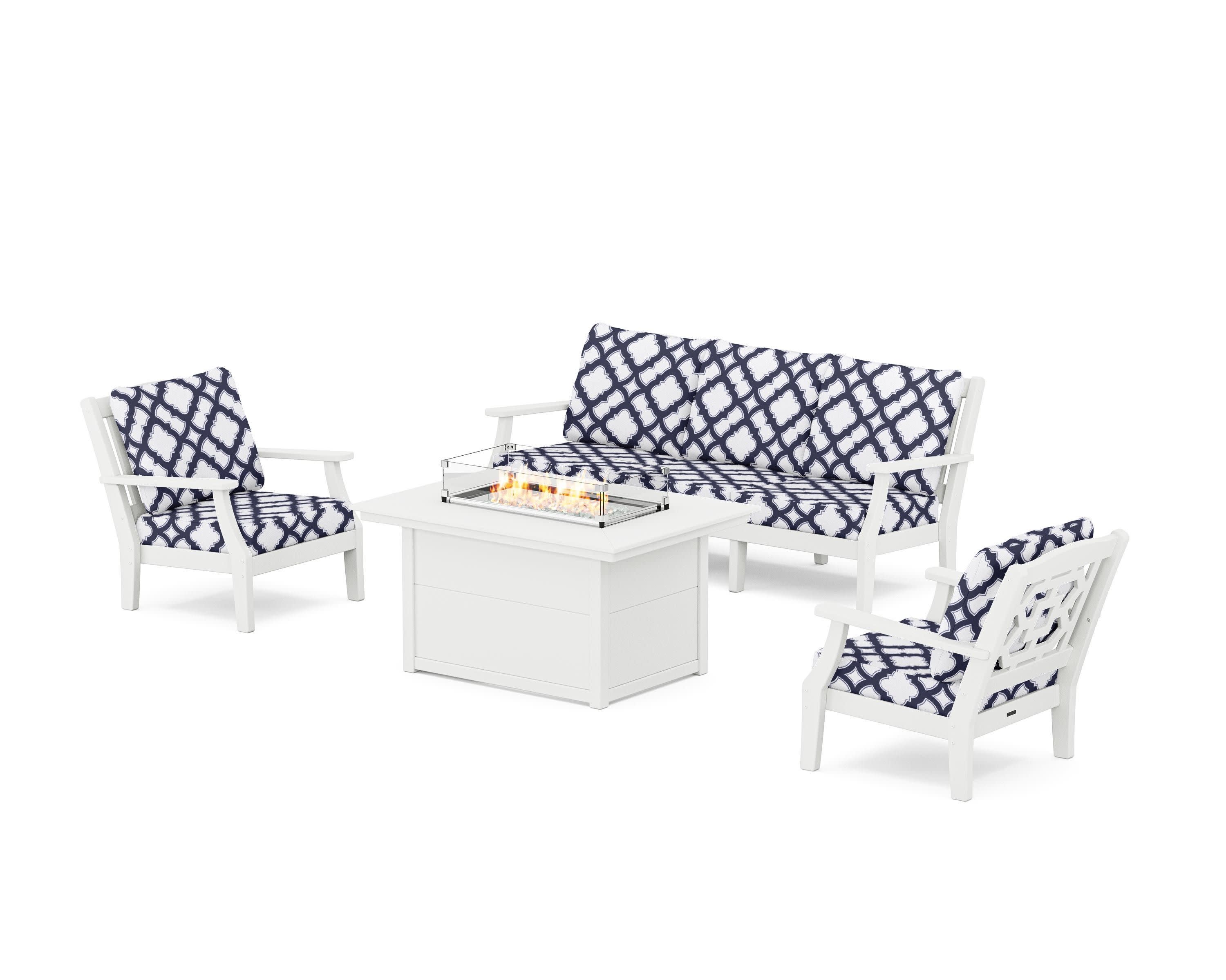 Chinoiserie Deep Seating Fire Pit Table Set in White / Trellis Navy
