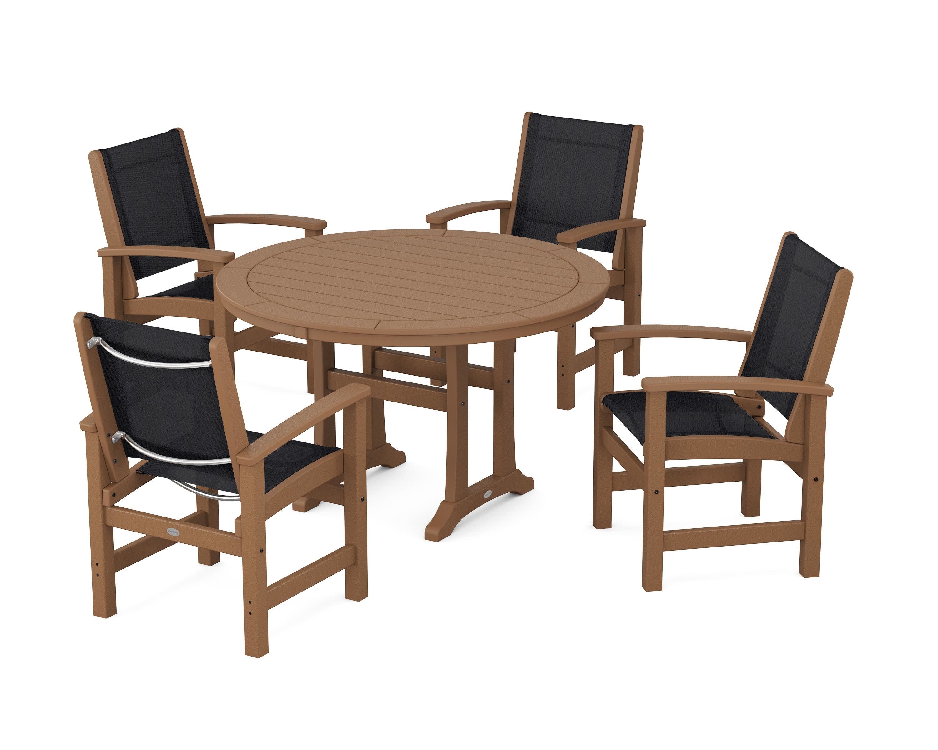 Coastal 5-Piece Round Dining Set with Trestle Legs in Teak / Black Sling