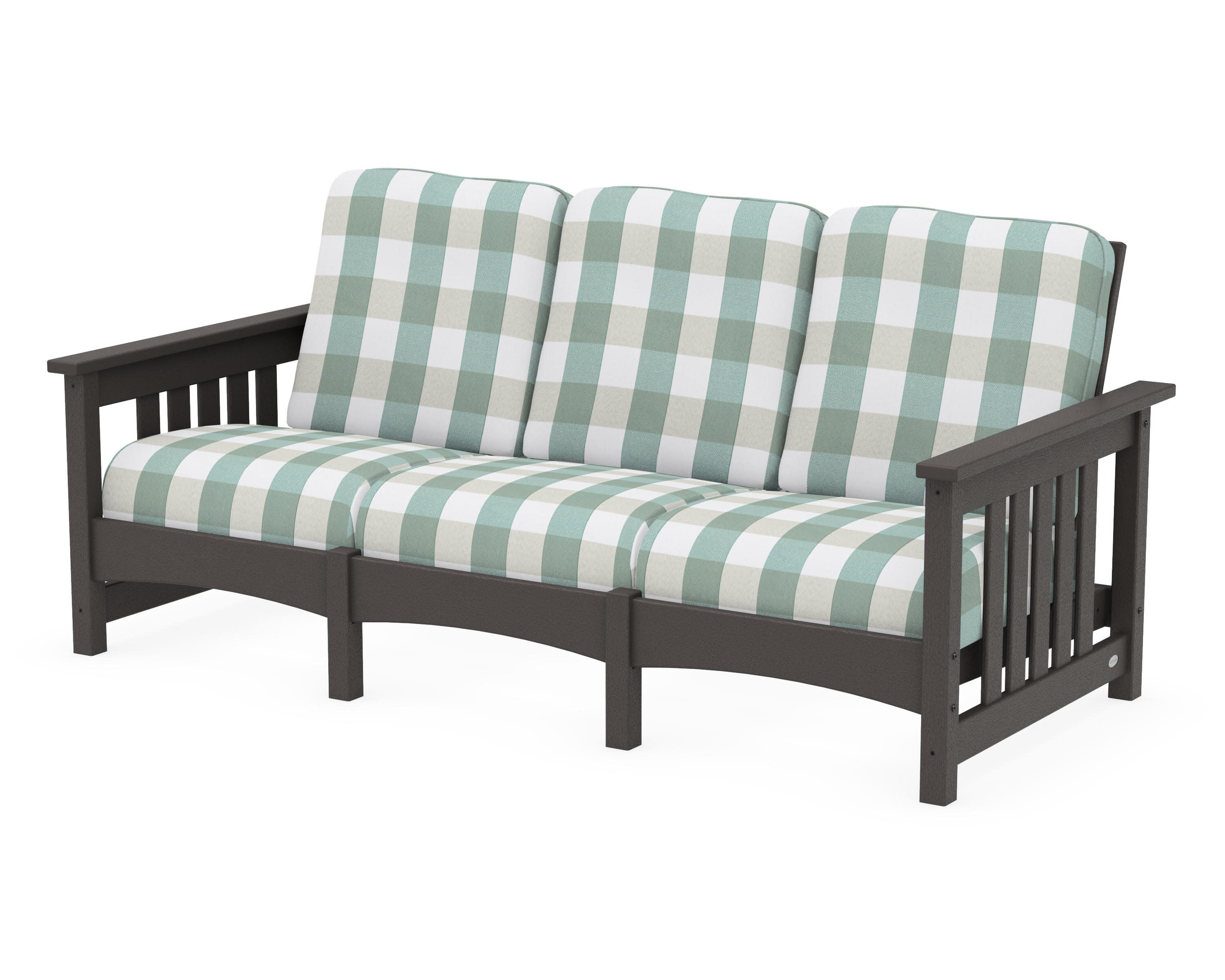 Club Mission Sofa in Vintage Coffee / Buffalo Plaid Glacier Spa
