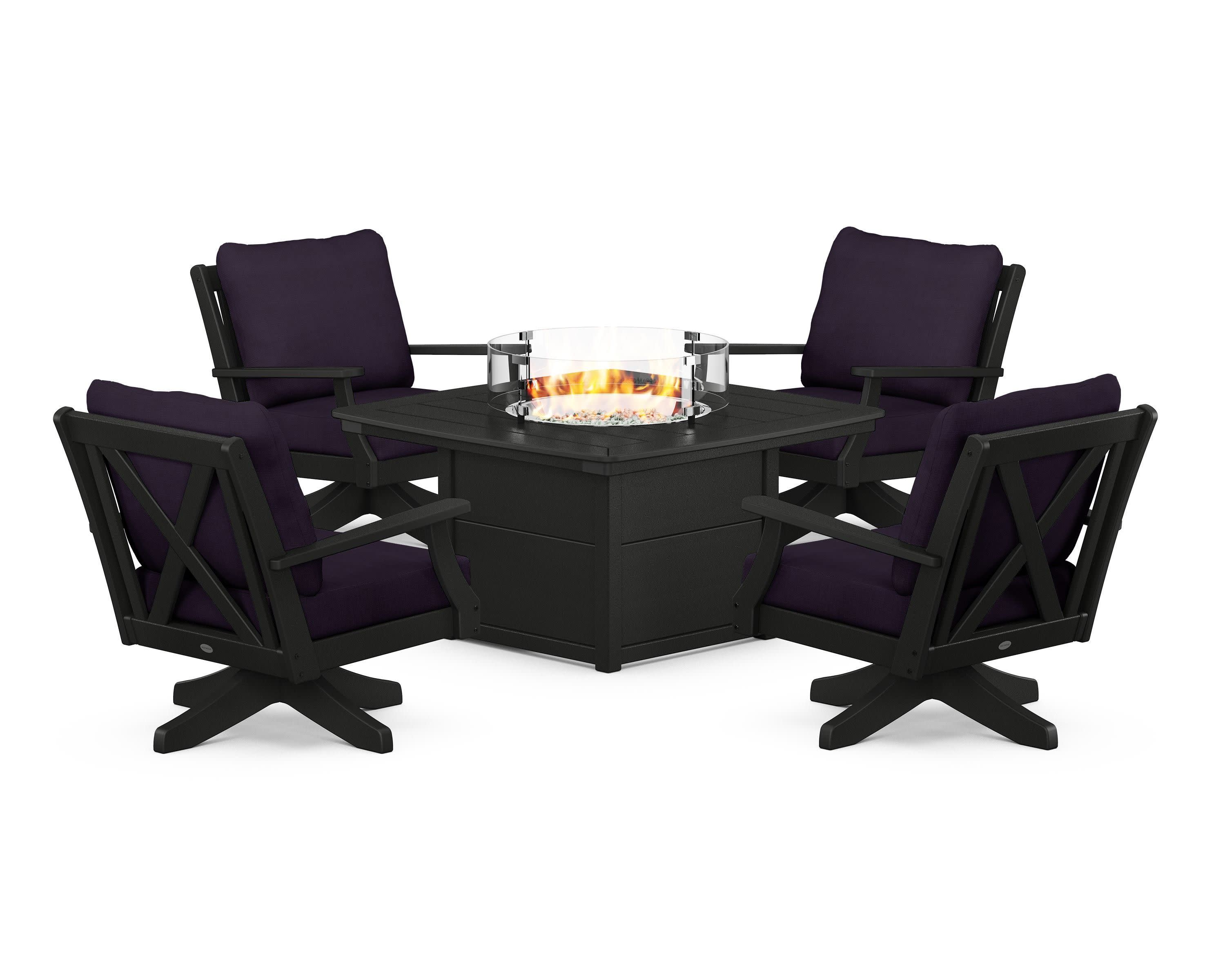 Braxton 5-Piece Deep Seating Swivel Conversation Set with Fire Pit Table in Black / Navy Linen