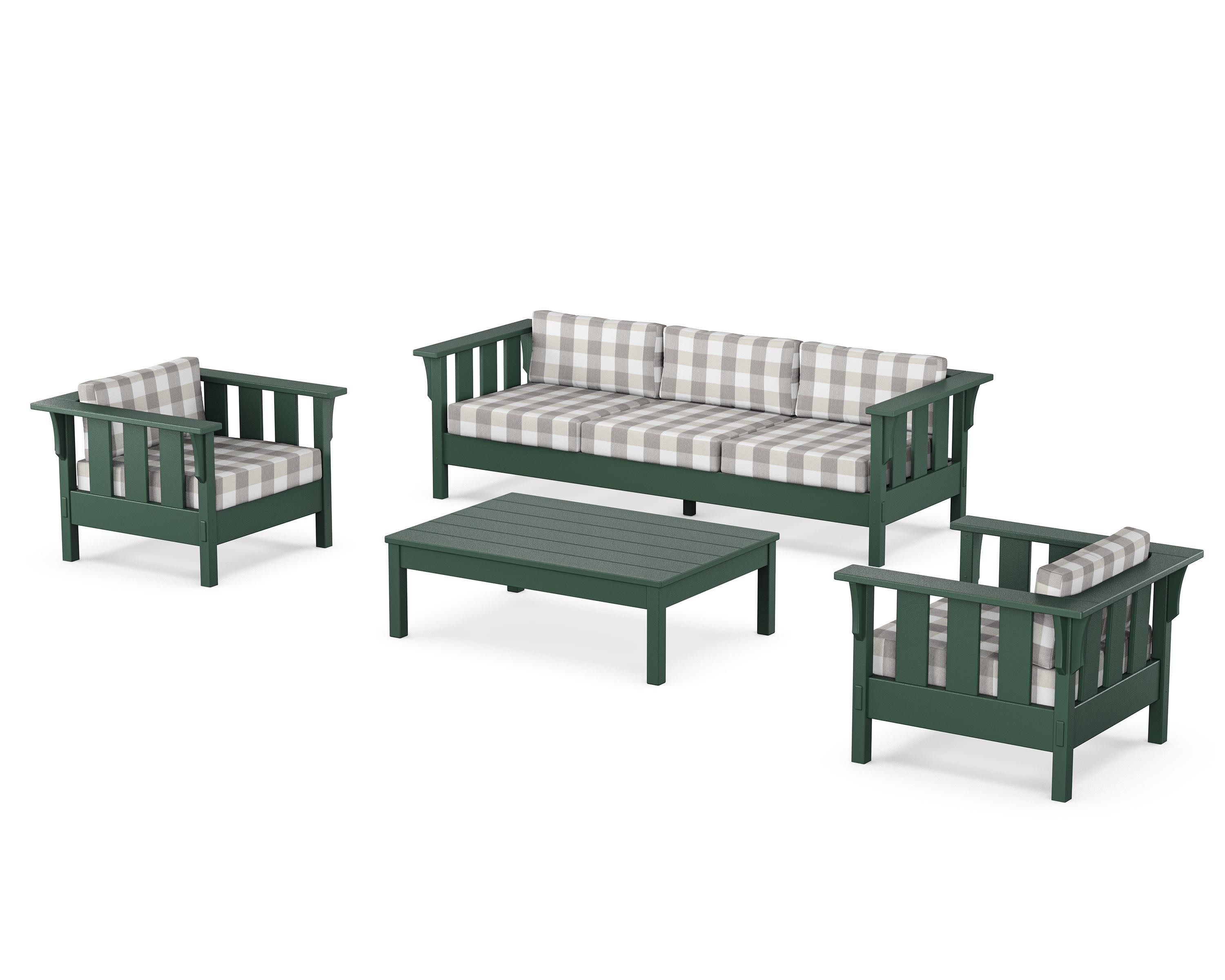 Acadia 4-Piece Deep Seating Set with Sofa in Green / Buffalo Plaid Grey Mist