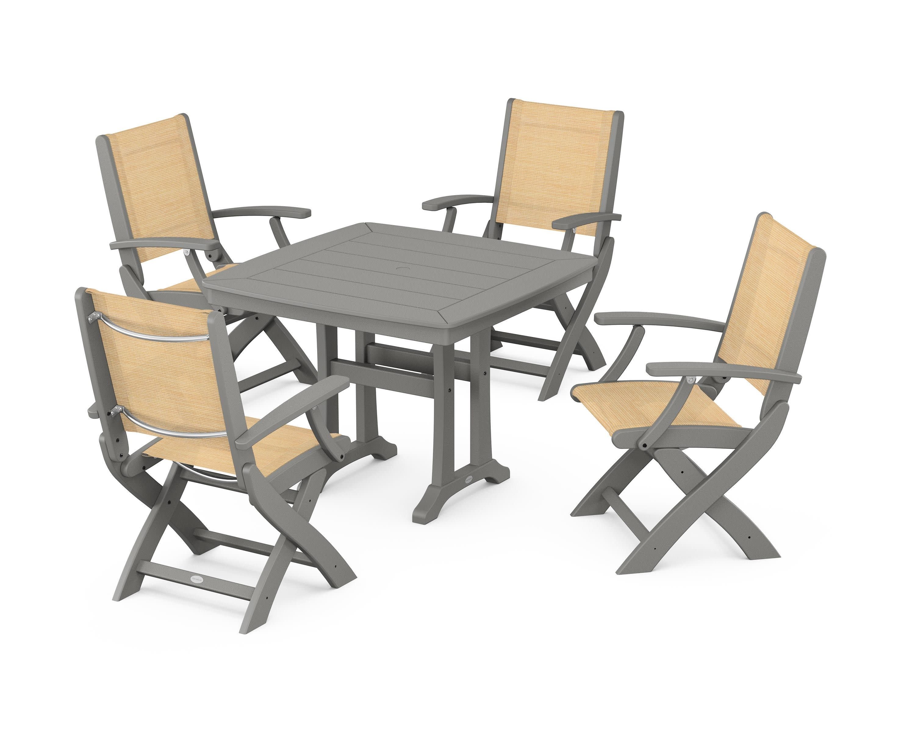 Coastal Folding Chair 5-Piece Dining Set with Trestle Legs in Slate Grey / Dupioni Apricot Sling