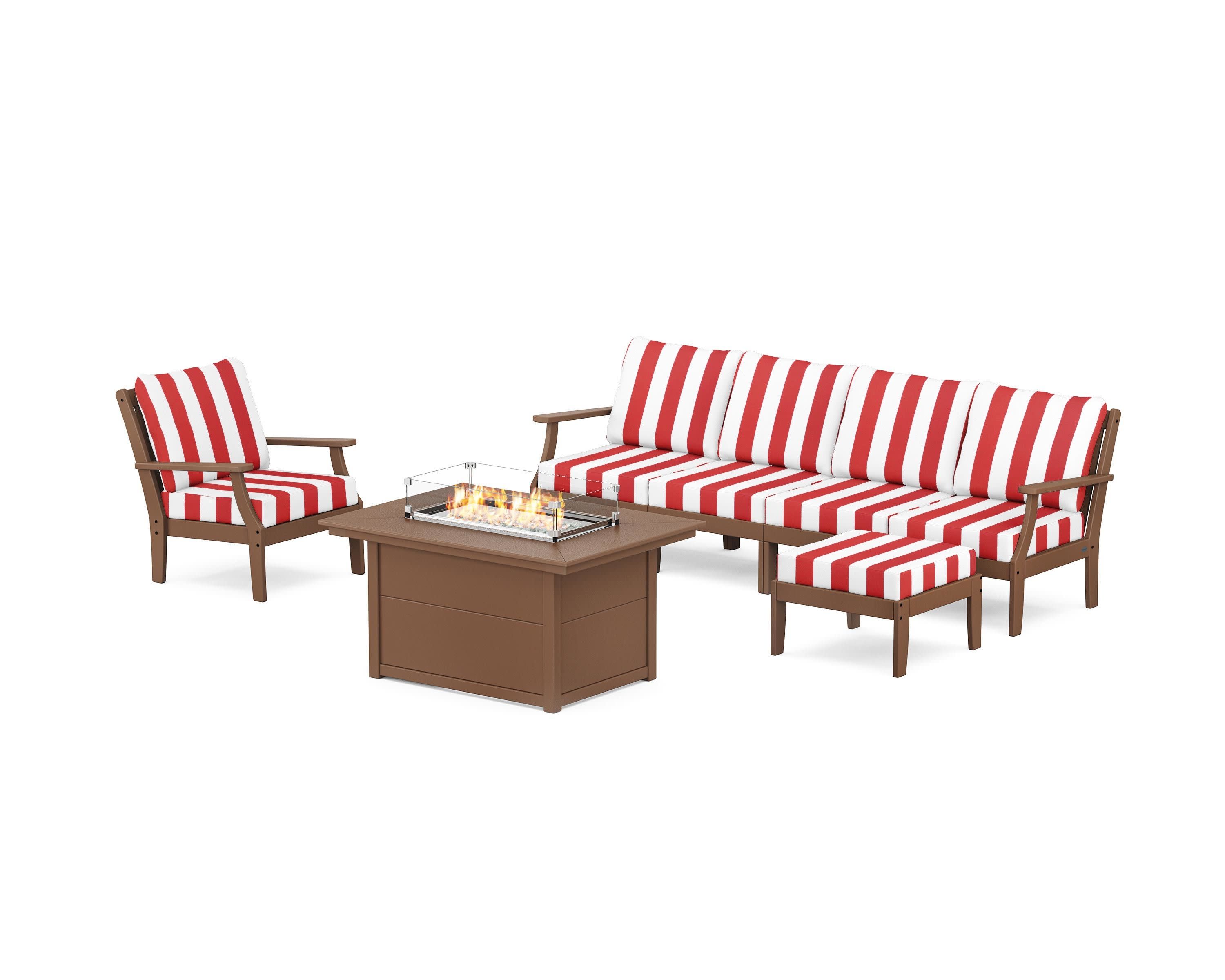 Braxton Sectional Lounge and Fire Pit Set in Teak / Cabana Stripe Crimson