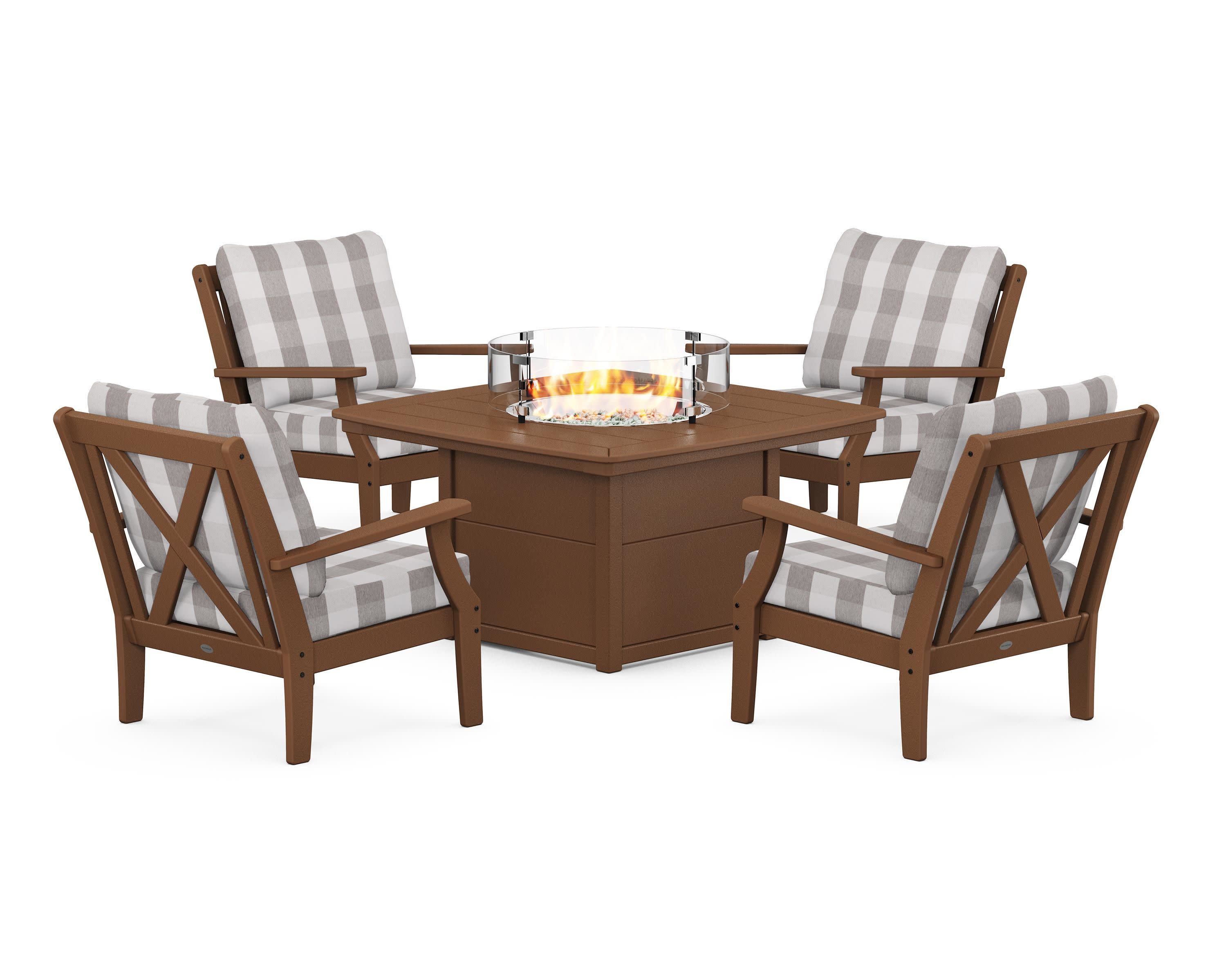 Braxton 5-Piece Deep Seating Conversation Set with Fire Pit Table in Teak / Buffalo Plaid Grey Mist