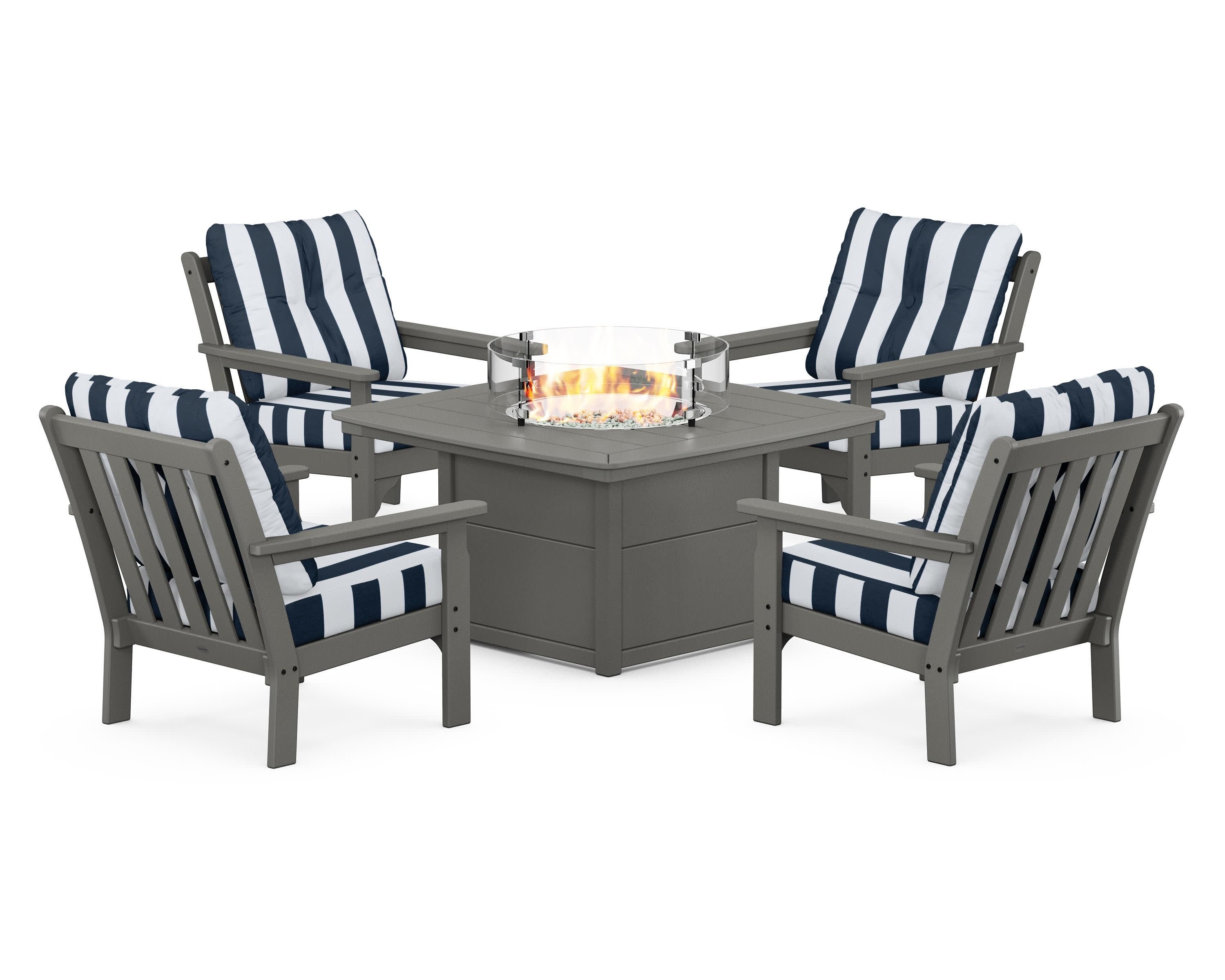 Vineyard 5-Piece Conversation Set with Fire Pit Table in Slate Grey / Cabana Stripe Marine Indigo
