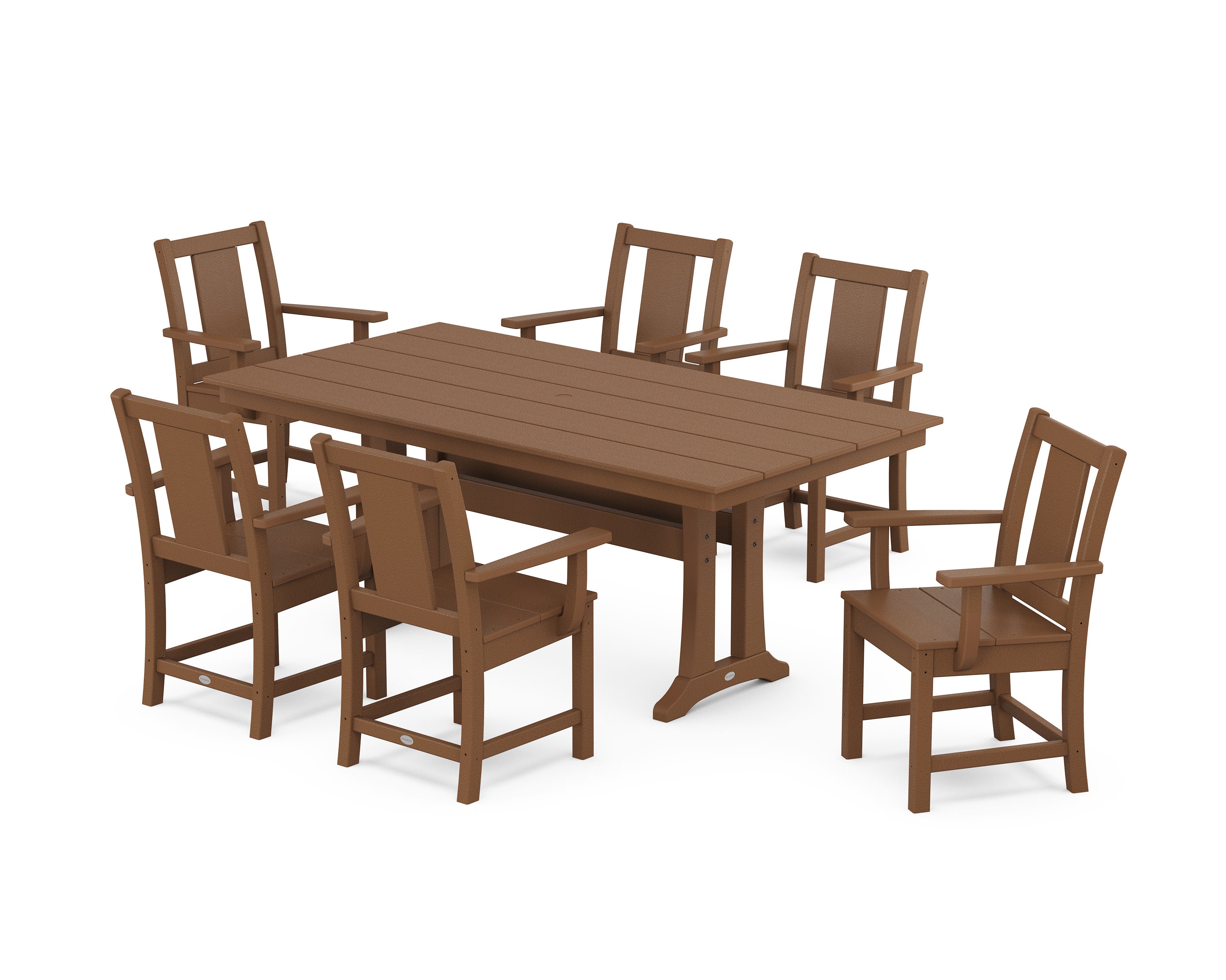 Prairie Arm Chair 7-Piece Farmhouse Dining Set with Trestle Legs in Teak