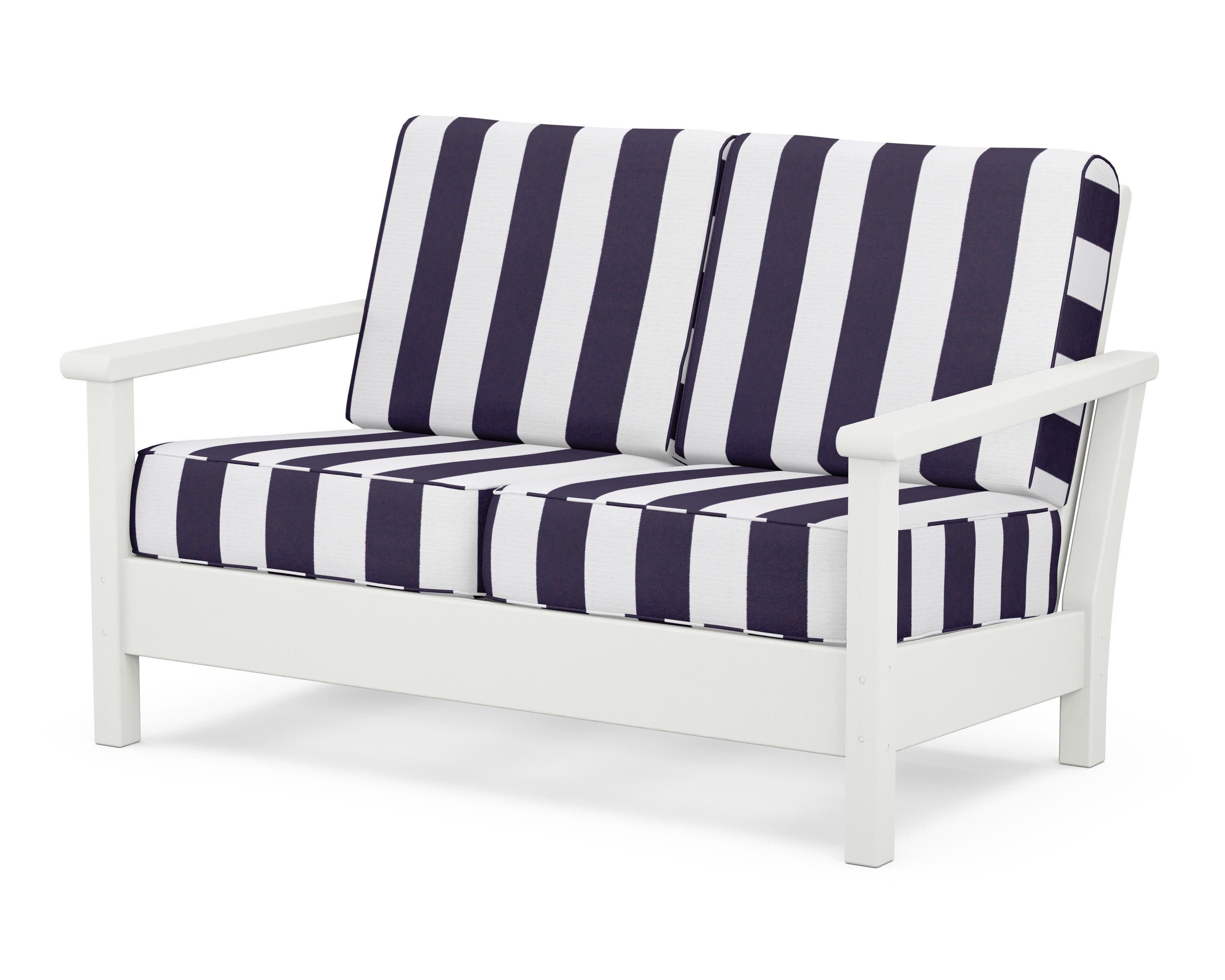 Harbour Deep Seating Loveseat in Vintage White / Cabana Stripe Navy