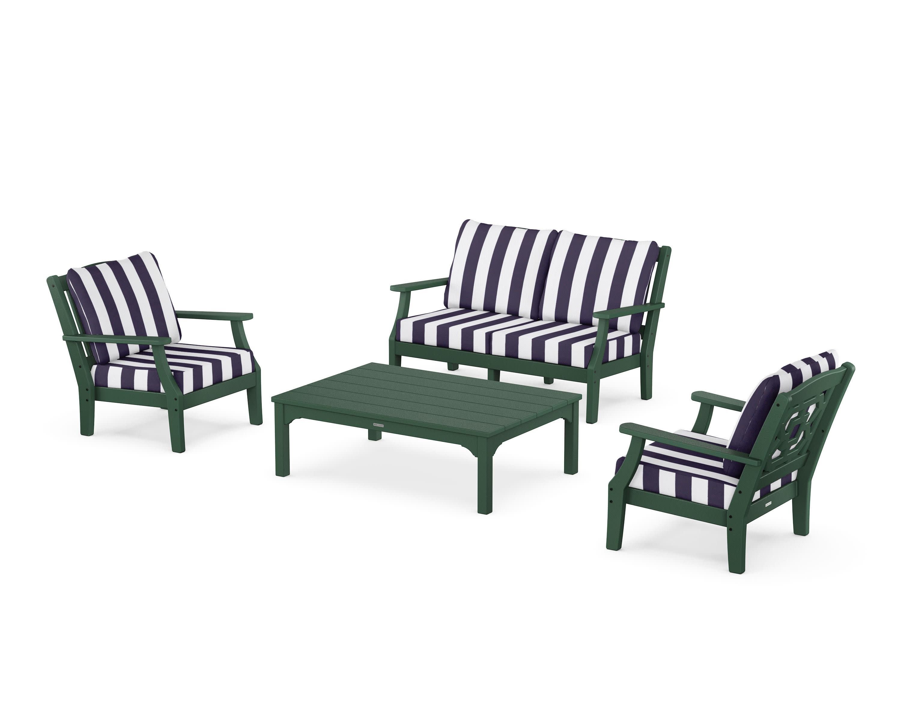 Chinoiserie 4-Piece Deep Seating Set with Loveseat in Green / Cabana Stripe Navy