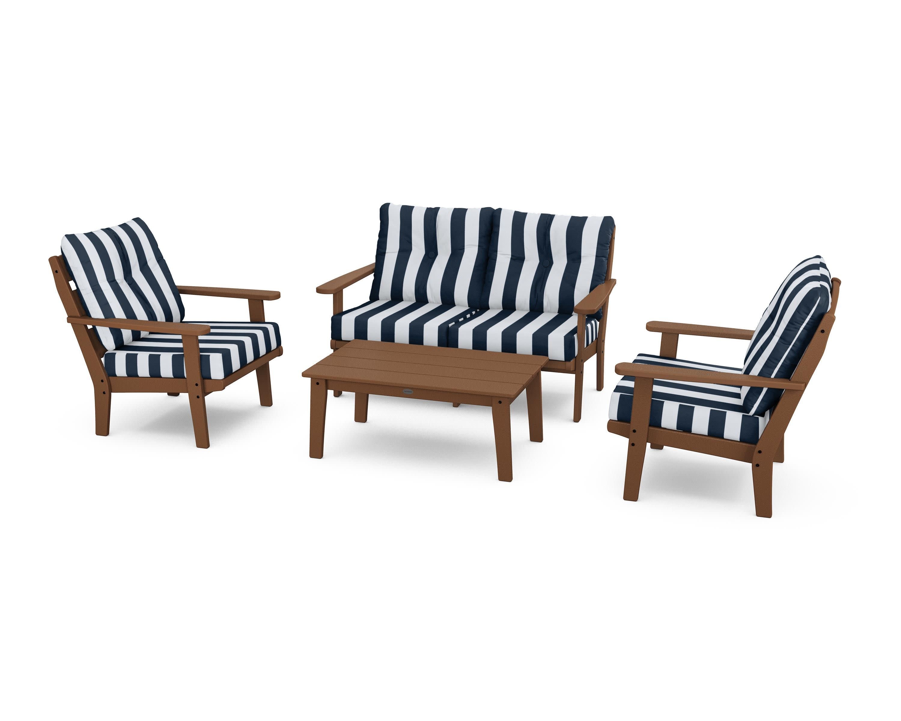 Lakeside 4-Piece Deep Seating Set in Teak / Cabana Stripe Marine Indigo