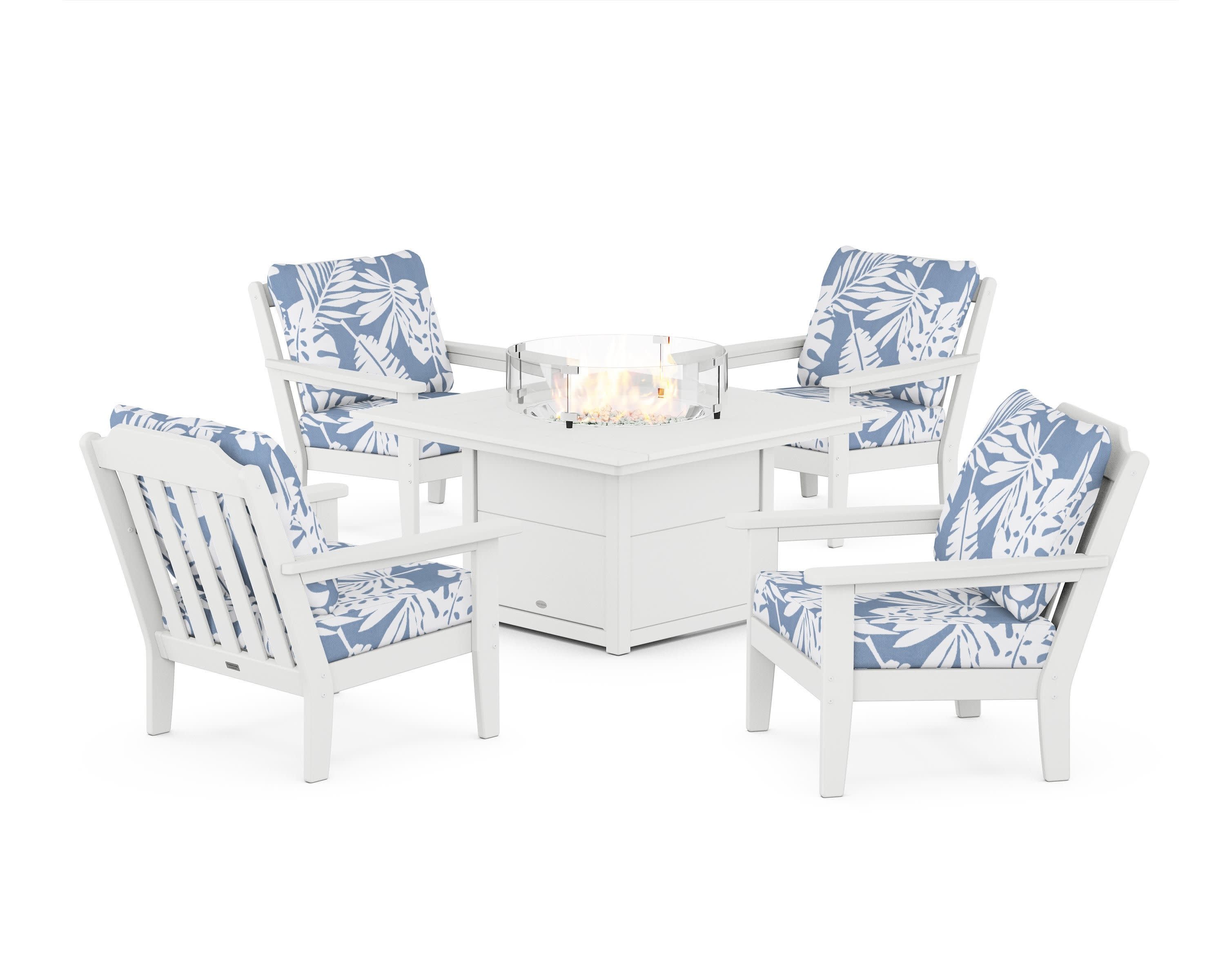 Cottage 5-Piece Deep Seating Set with Fire Pit Table in White / Leaf Sky Blue