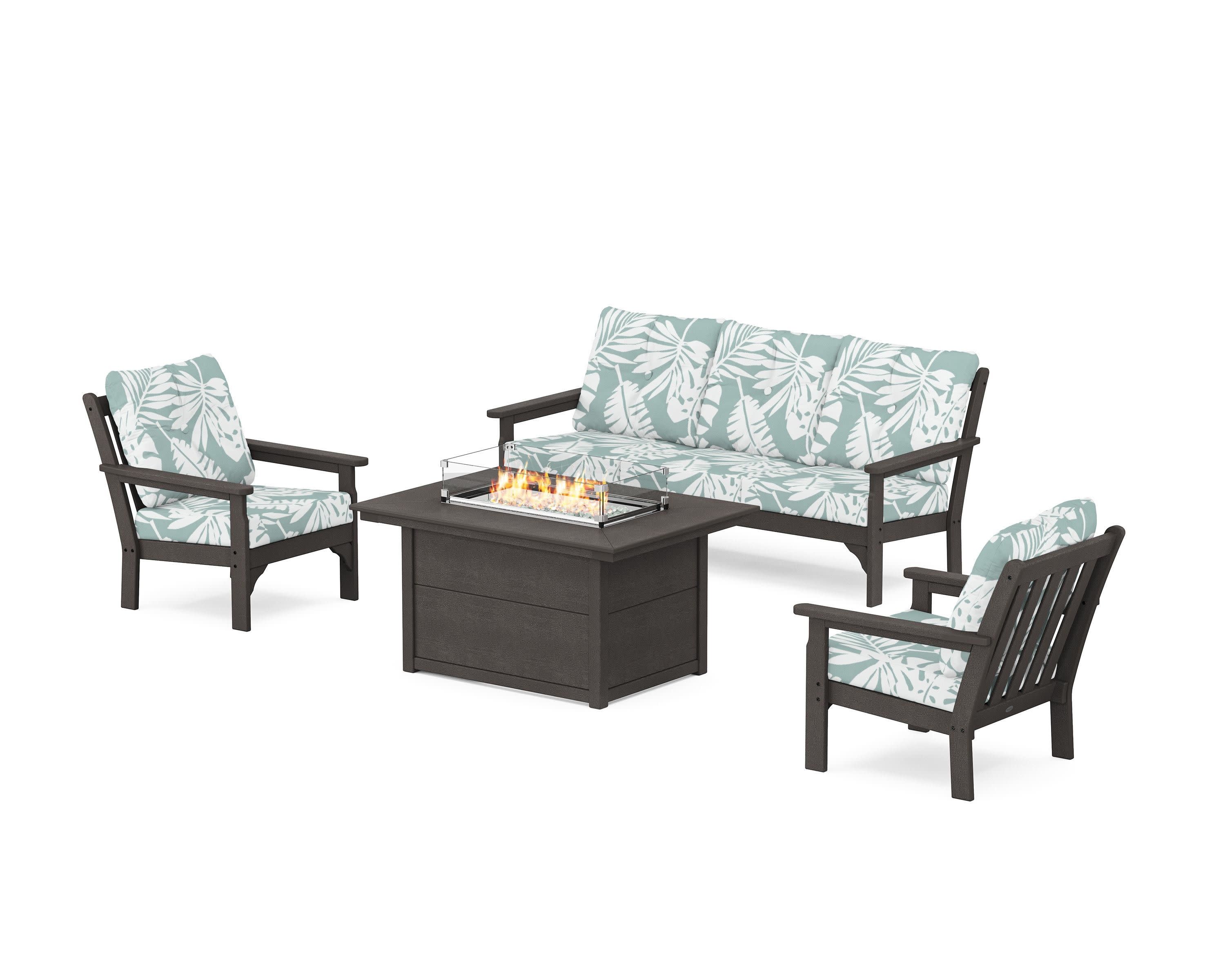 Vineyard Deep Seating Fire Pit Table Set in Vintage Coffee / Leaf Glacier Spa
