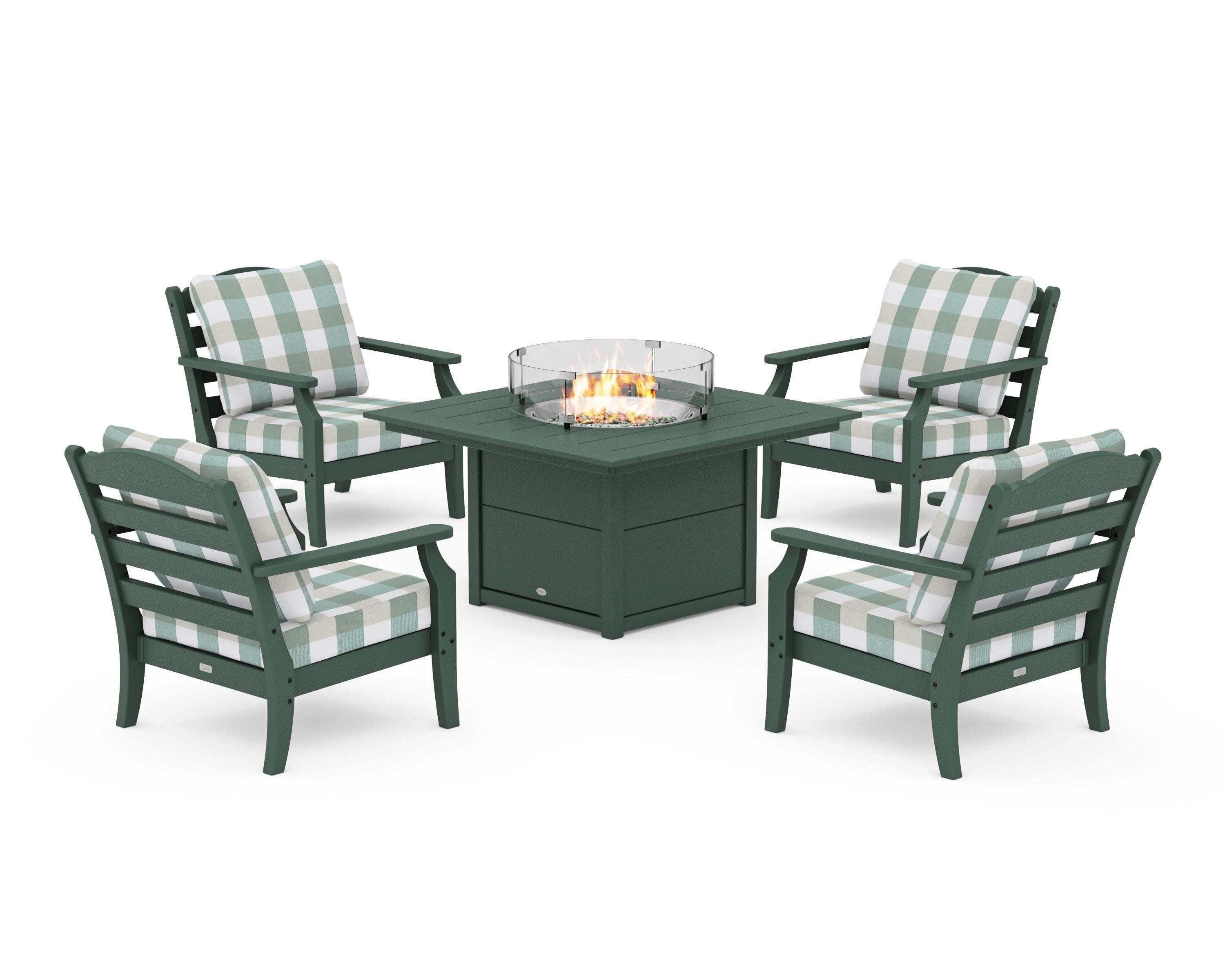 Savannah 5-Piece Deep Seating Set with Fire Pit Table in Green / Buffalo Plaid Glacier Spa