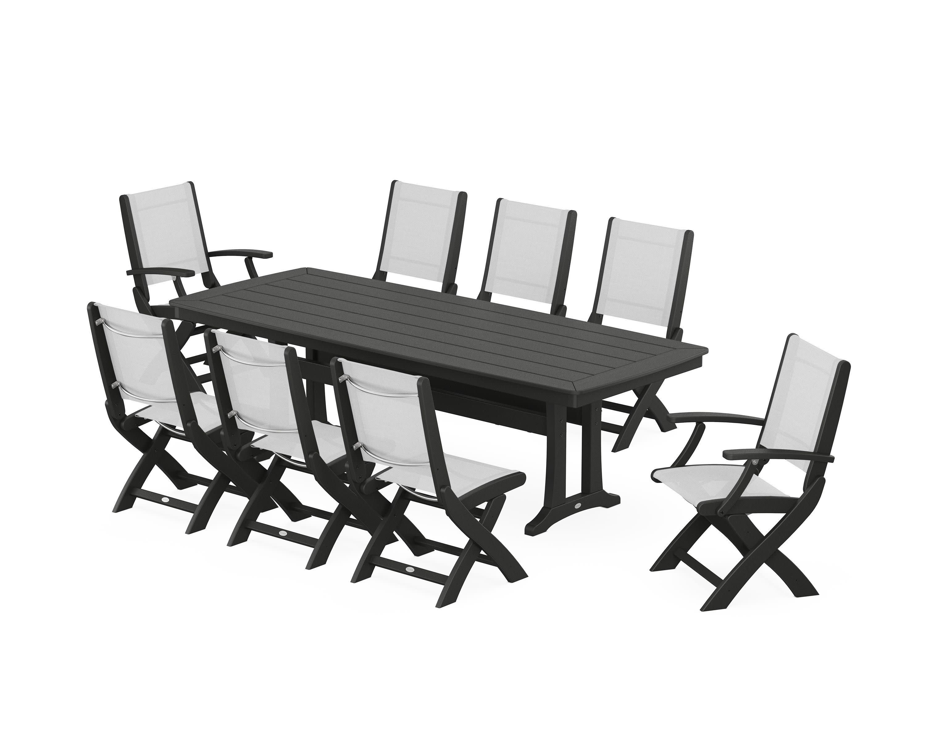 Coastal Folding 9-Piece Dining Set with Trestle Legs in Black / White Sling