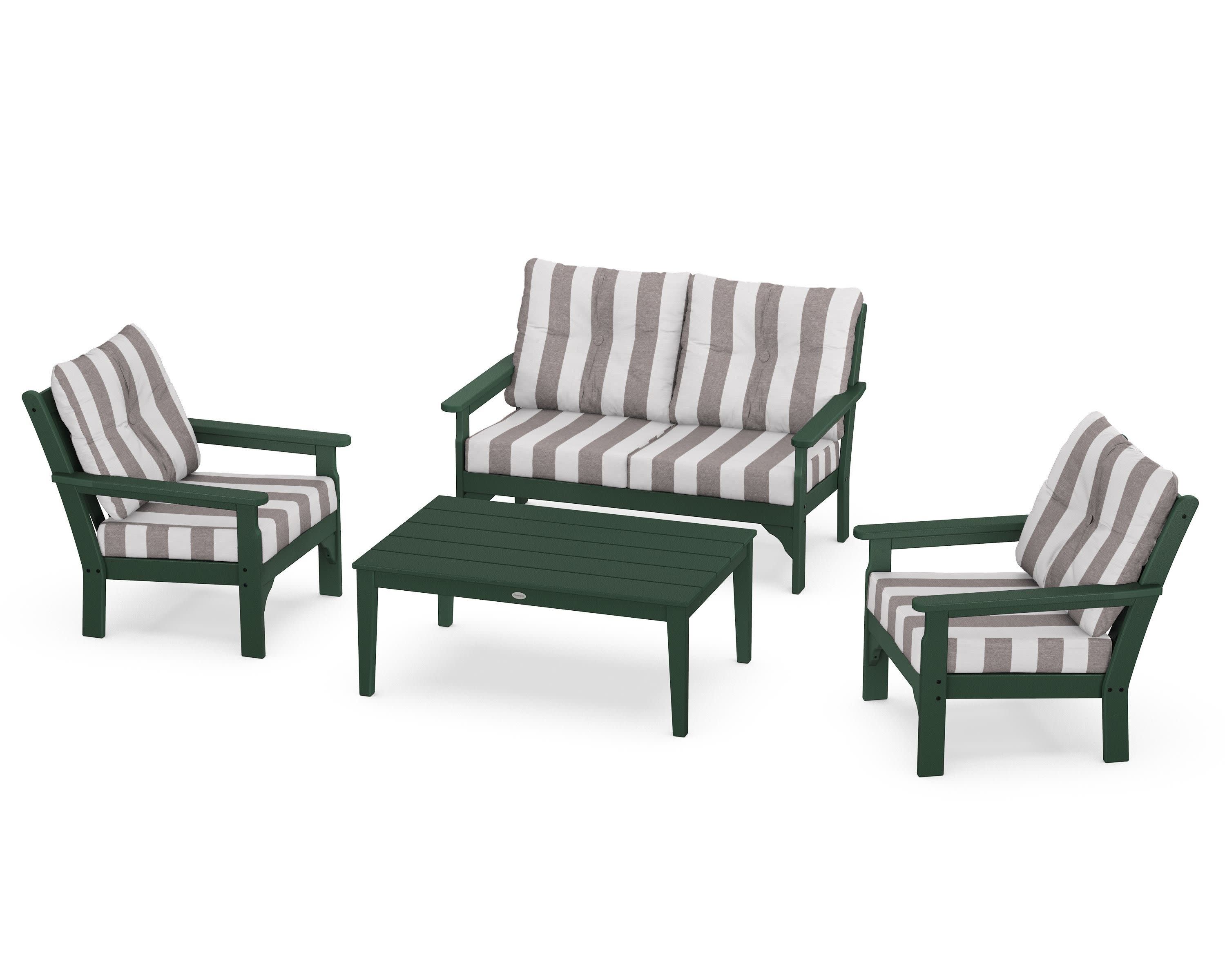 Vineyard 4-Piece Deep Seating Set in Green / Cabana Stripe Grey Mist